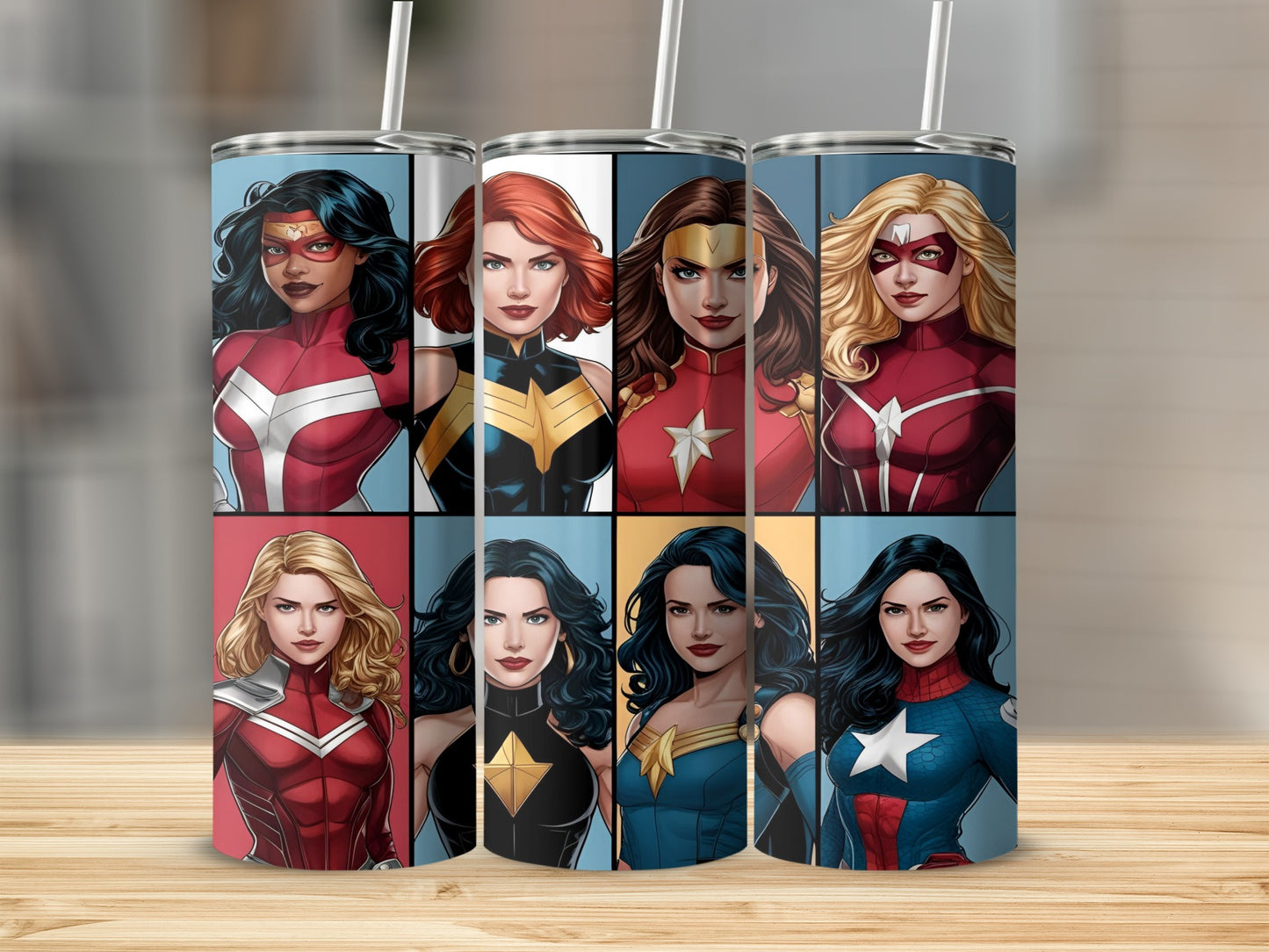 Eight superhero women in red, blue, and gold costumes arranged in a 4x2 grid.