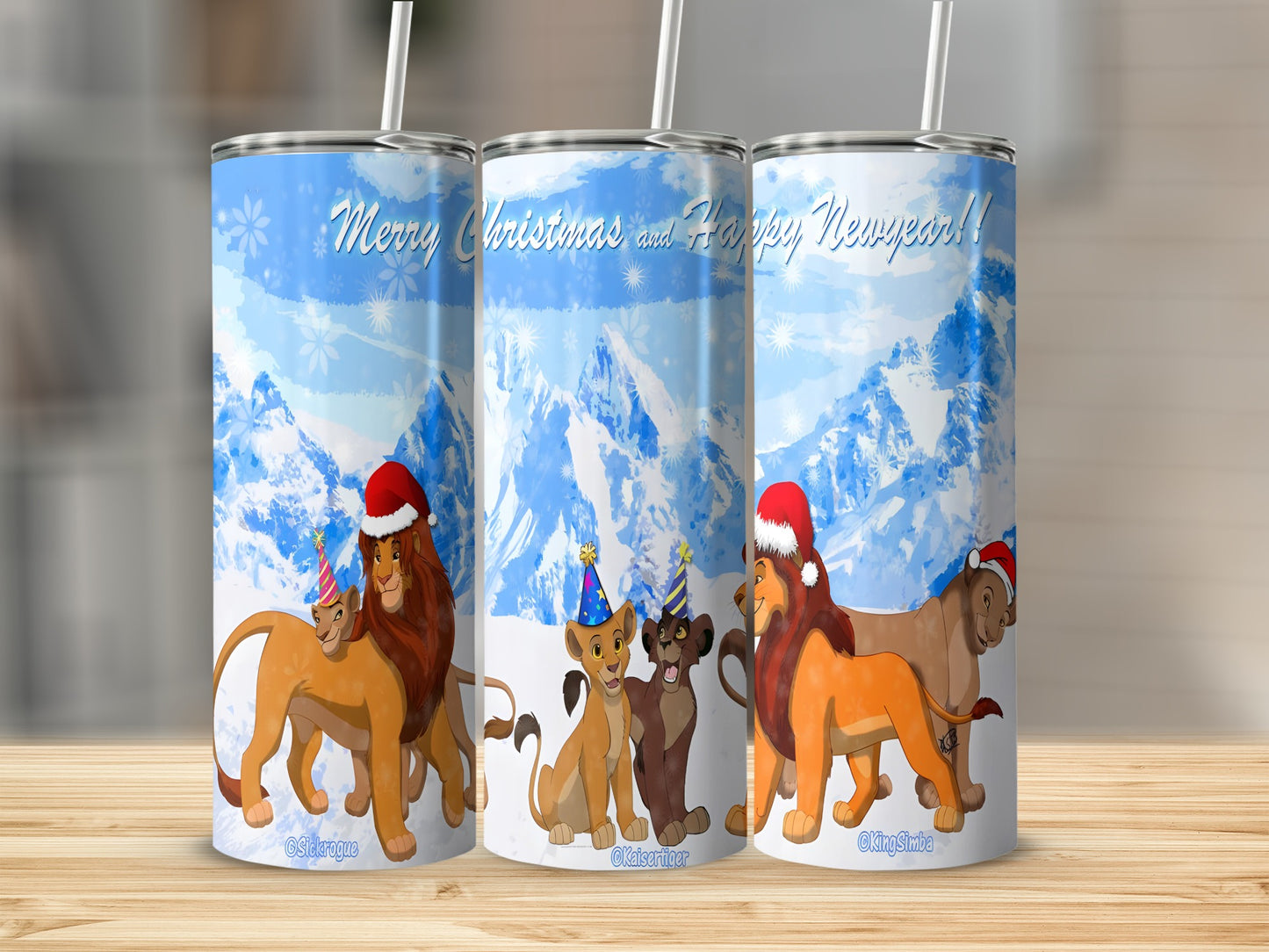 Four lions in Santa hats celebrate with snow-capped mountains and "Merry Christmas and Happy New Year!"