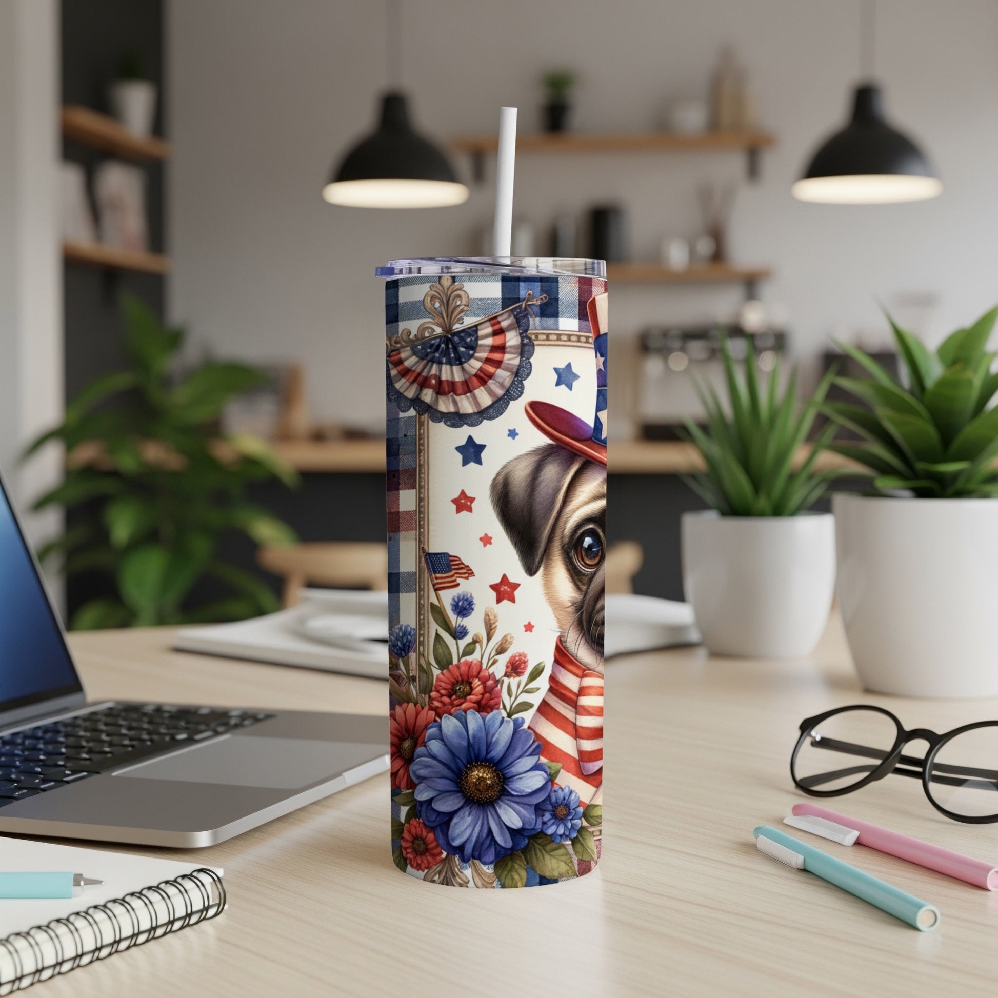 Pug in patriotic bandana and hat surrounded by flowers on a tumbler.