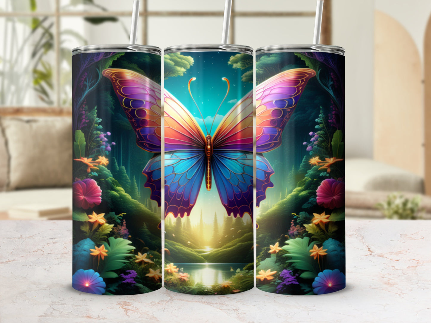Hummingbird butterfly with colorful wings in enchanted forest scene.