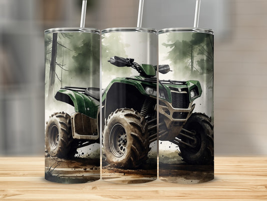 Green ATV in a forest clearing, on a wooden surface.