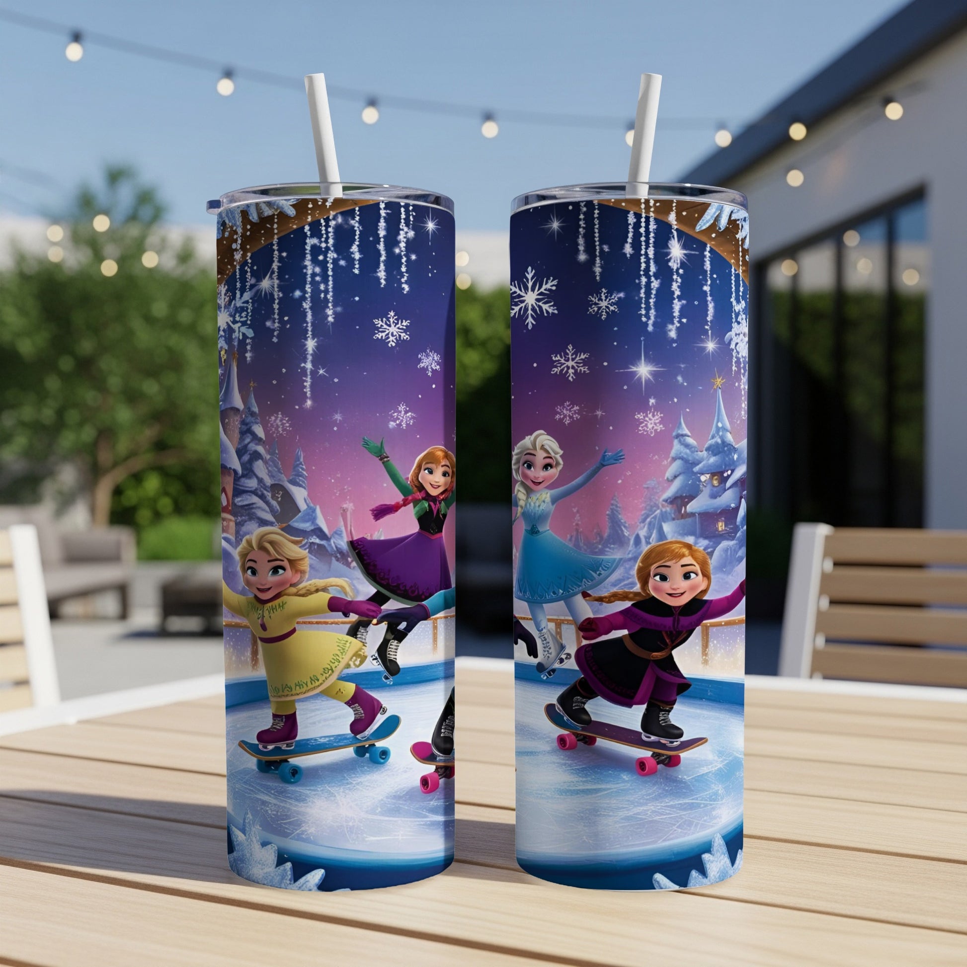Two insulated tumblers featuring characters from Disney's Frozen on skateboards in a snowy scene.