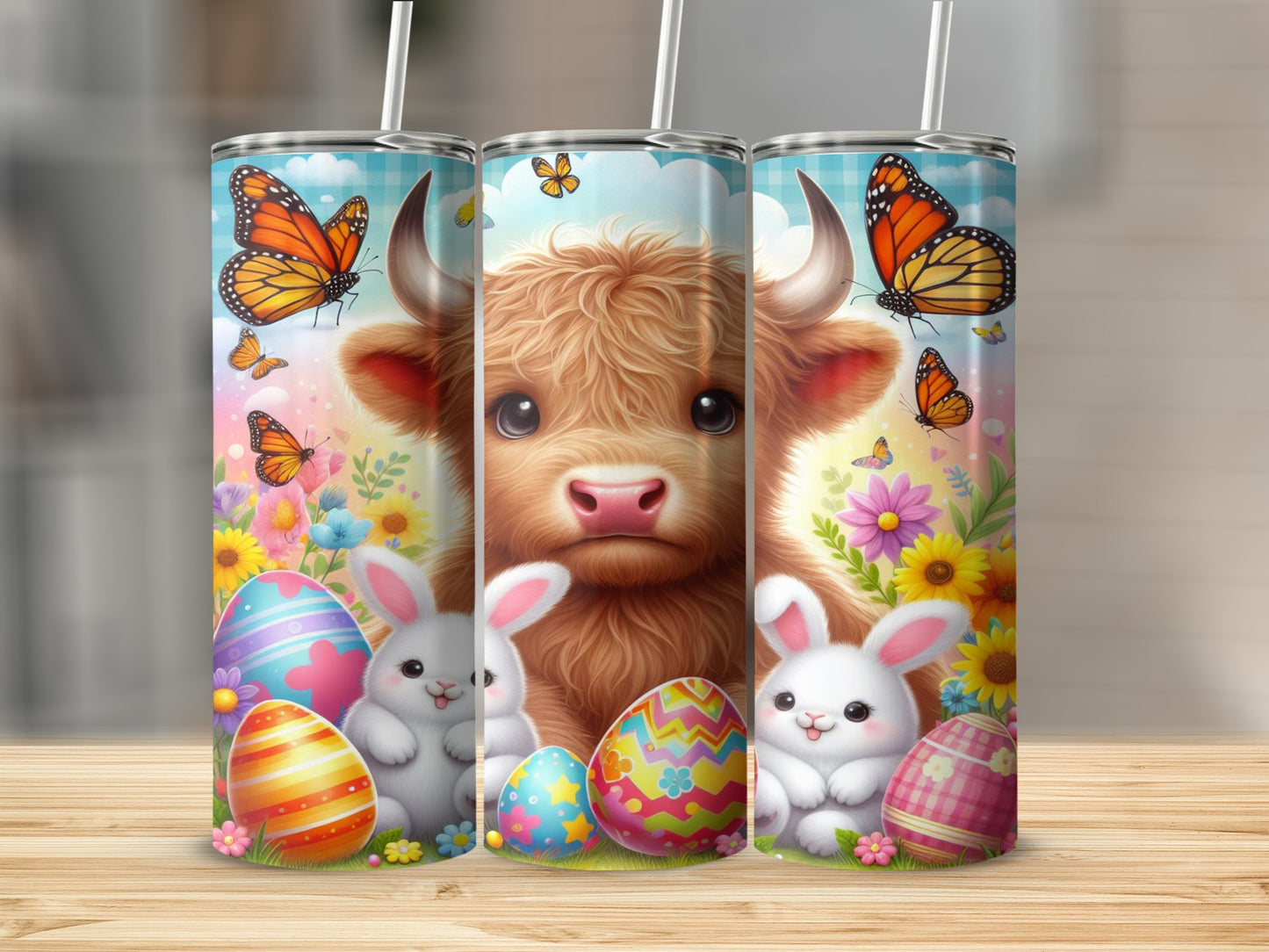 Fluffy cow with bunnies and colorful Easter eggs.