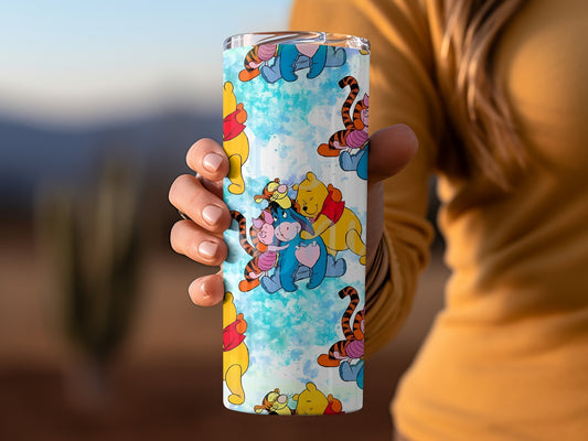 Winnie Pooh Friends Together Blue White Background Tumblers