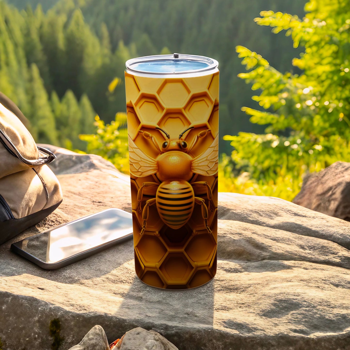 Golden Bee Honeycomb Pattern Drink Tumbler product type
bee tumbler, honeycomb design, golden bee, nature theme, insect art, hexagonal pattern, drinkware, beverage holder, travel cup, outdoor accessory, wildlife design, animal print, unique gift, summer vibe, spring collection, bumblebee art, honeybee decor, tumbler cup, patterned drinkware, artistic design