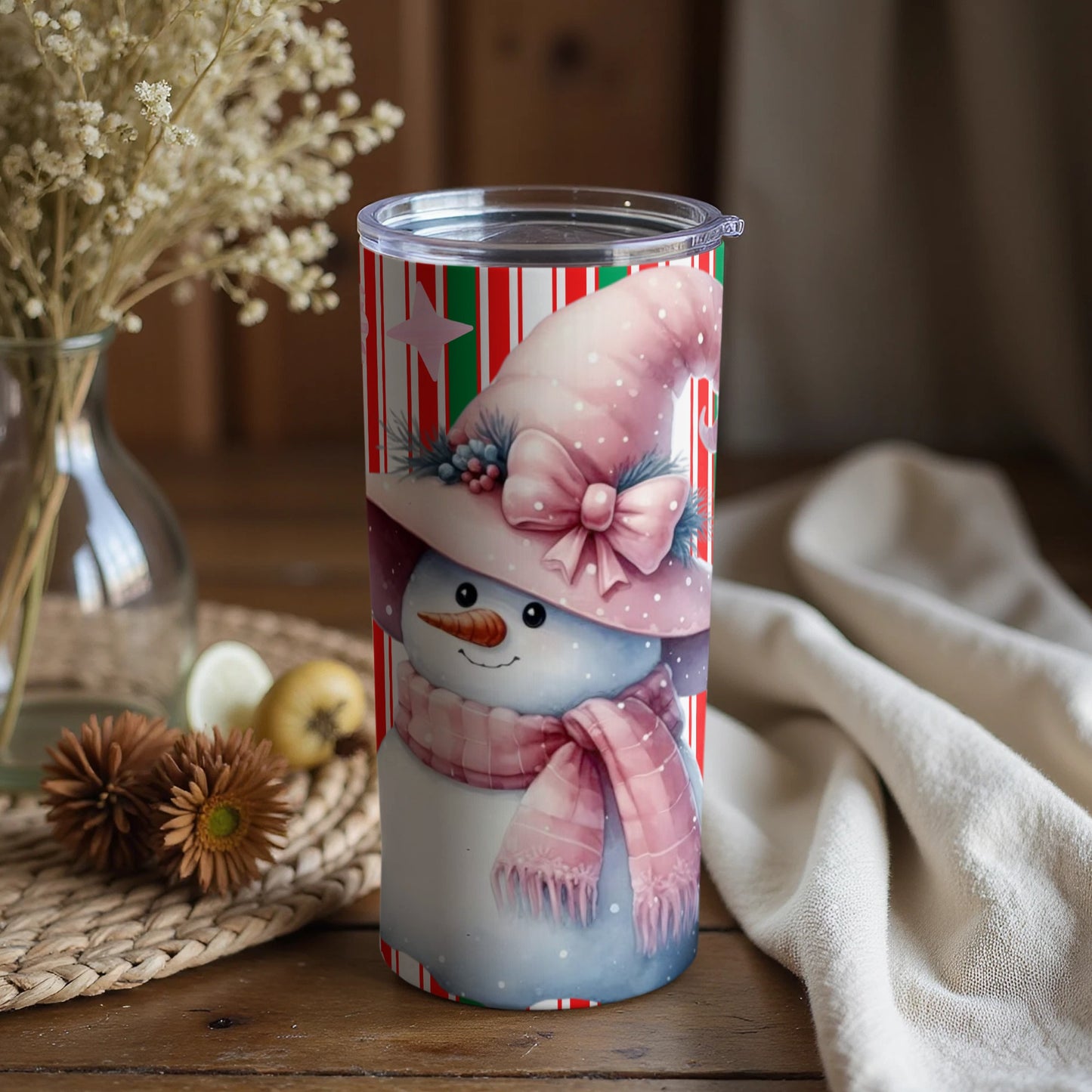 Festive Snowman Tumbler With Holiday Hat and Scarf
