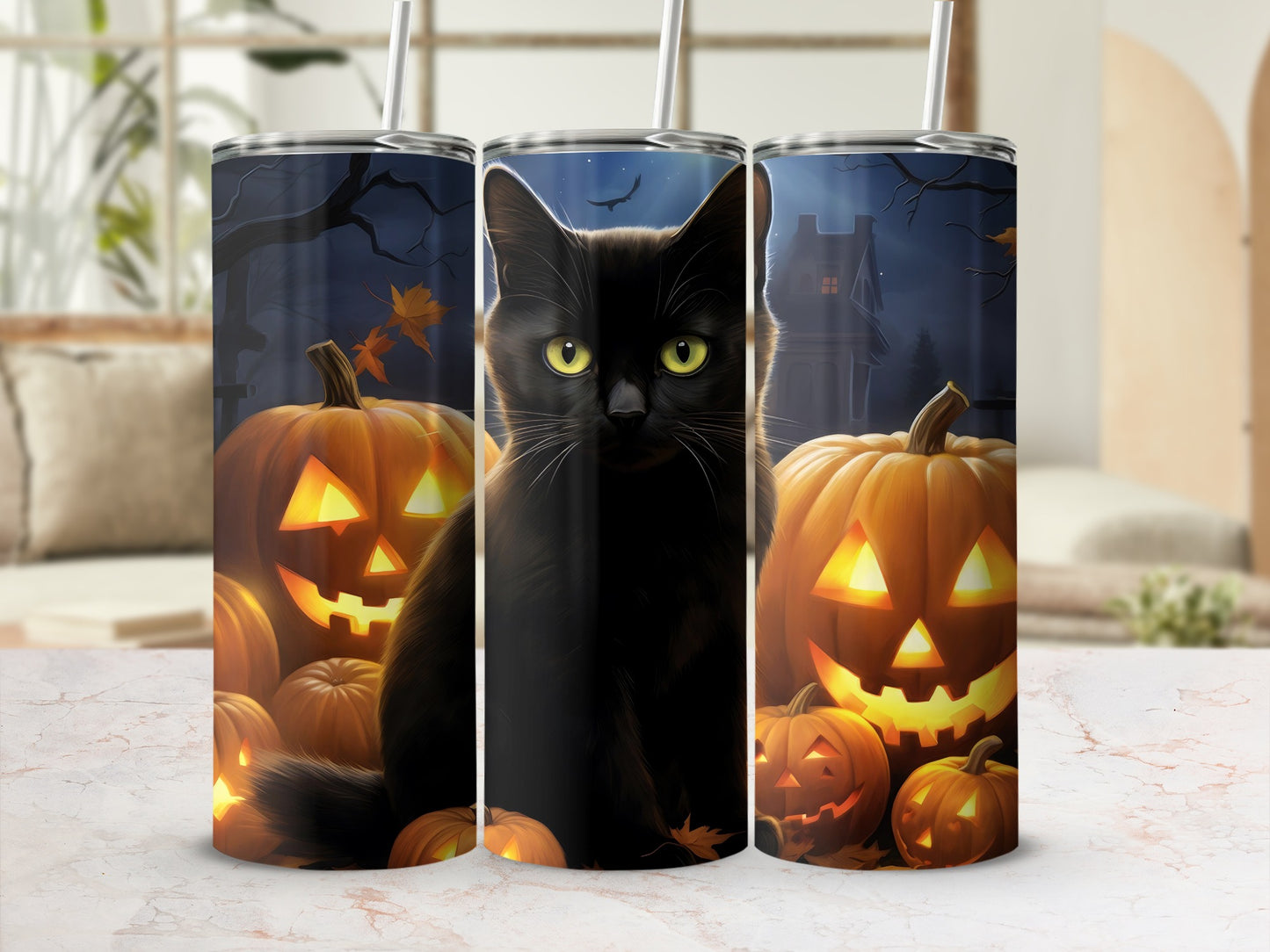 Black cat with yellow eyes surrounded by glowing jack-o'-lanterns on a dark Halloween background.