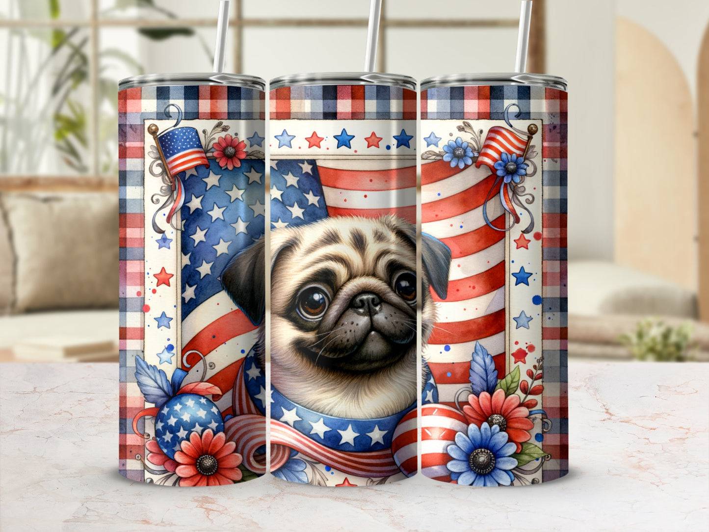 Pug wearing patriotic bandana, stars, and stripes pattern.
