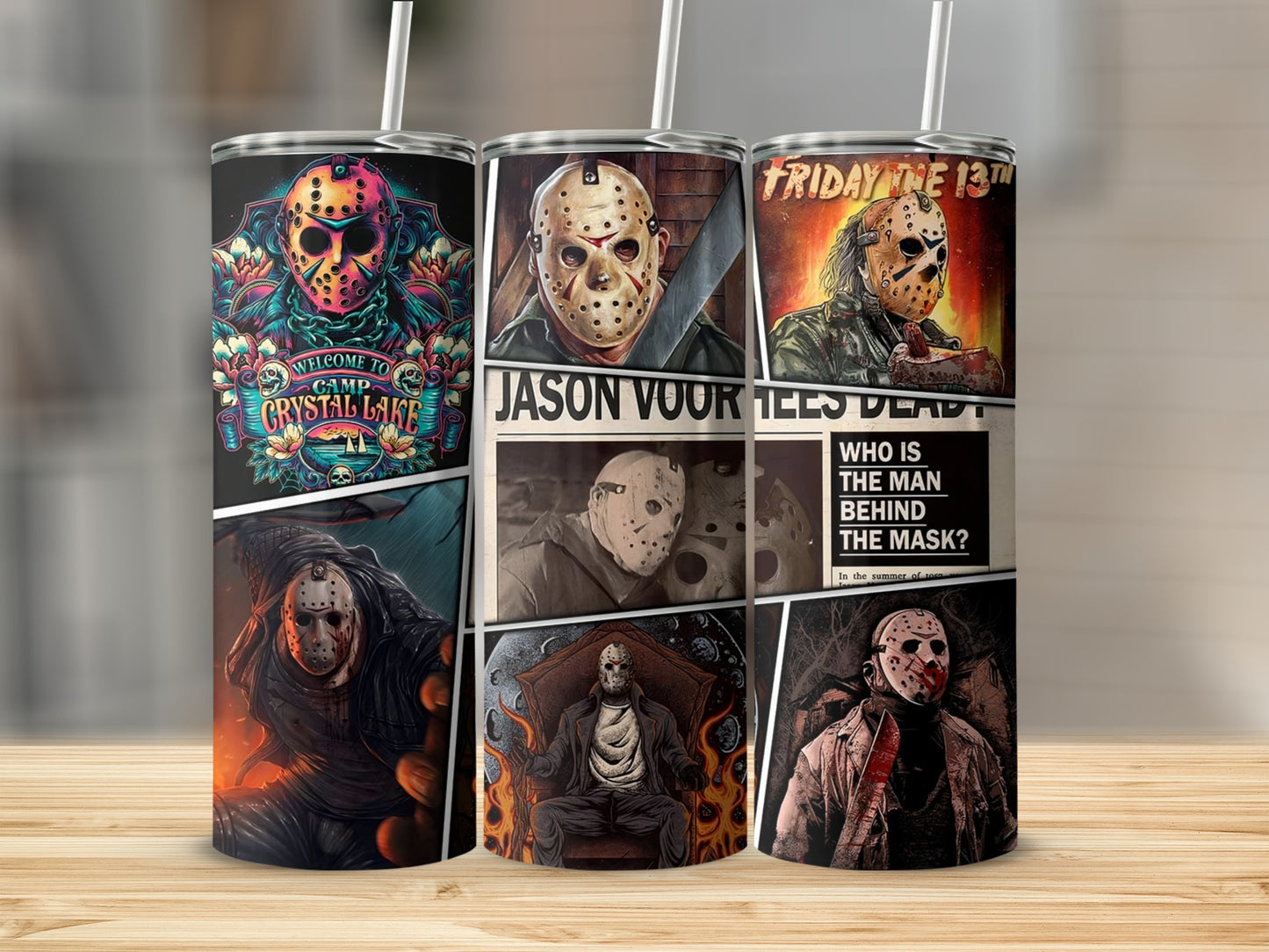 Three tumblers with Friday the 13th Jason Voorhees artwork and text.