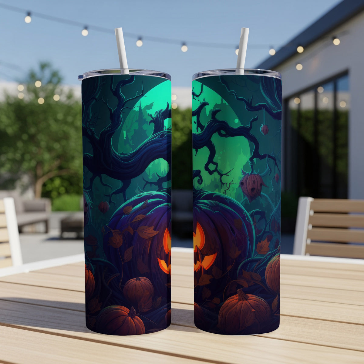 Two tumblers with a spooky Halloween forest and jack-o'-lantern design.