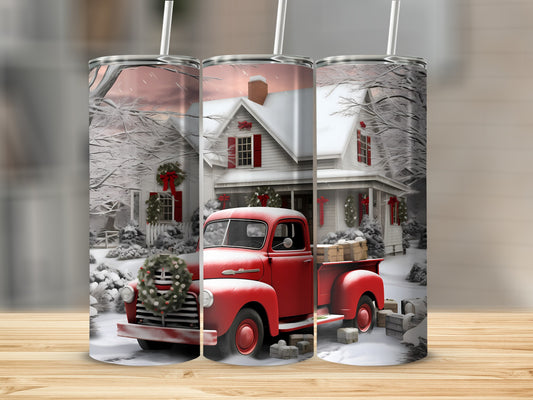 Vintage Red Truck Winter Scene Tumbler Christmas Decor
