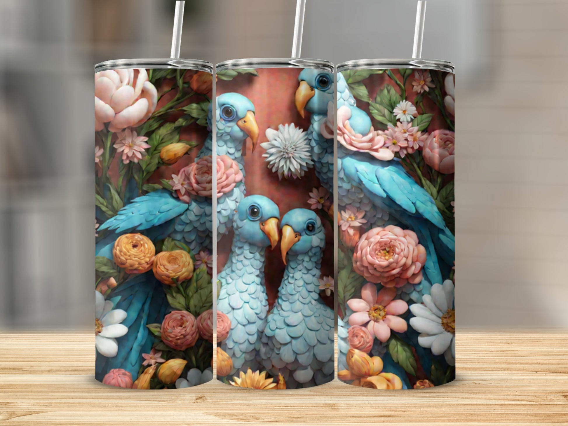 Two blue parrots surrounded by pink and white flowers and green leaves.