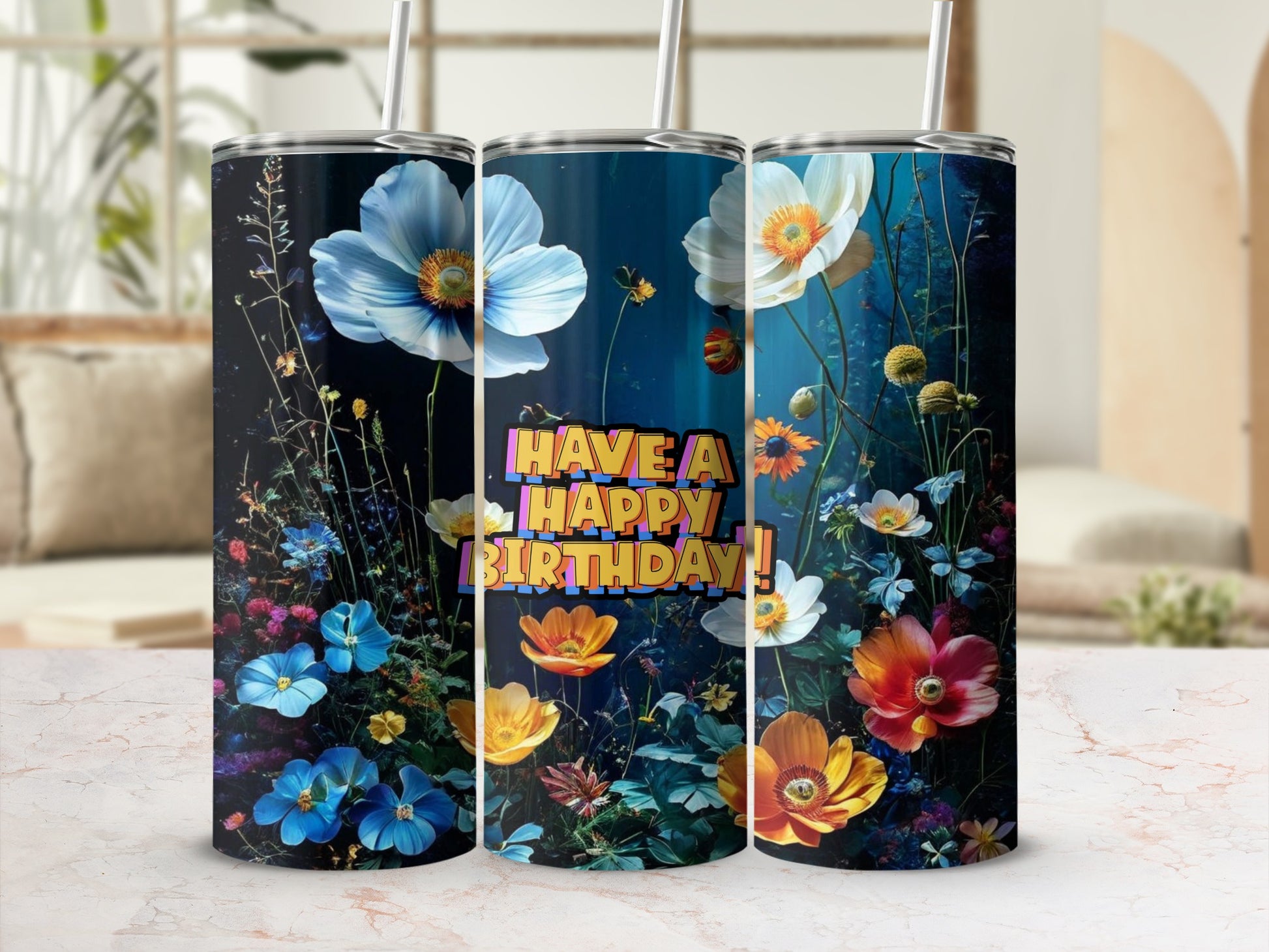 Floral tumbler with "Have a Happy Birthday!" text in vibrant colors.