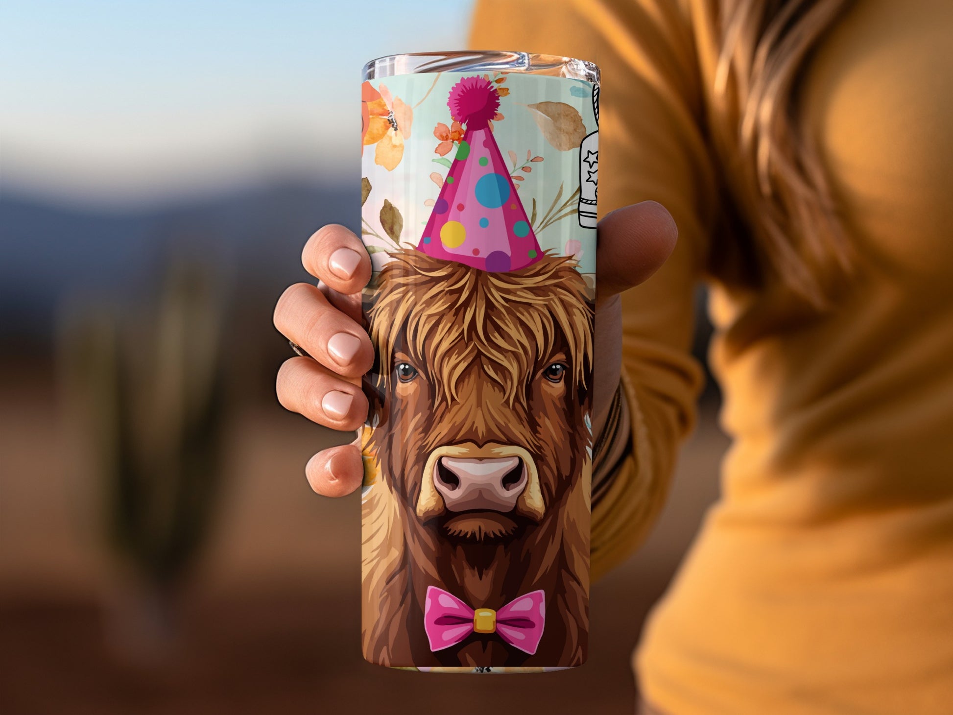 Cute Highland Cow with Party Hat Animal Art Tumbler