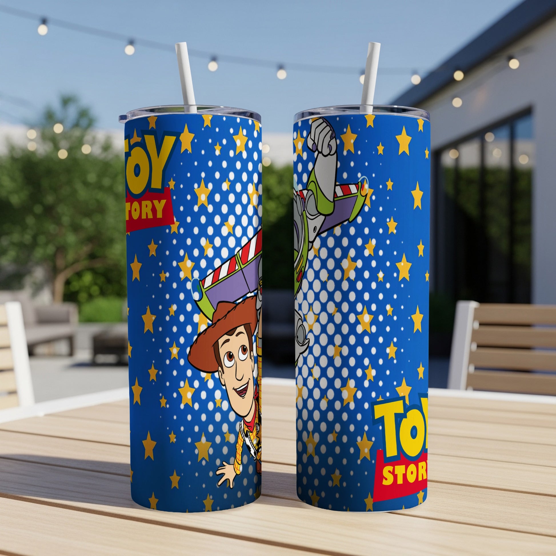 Toy Story's Woody and Buzz Lightyear on blue speckled tumblers.
