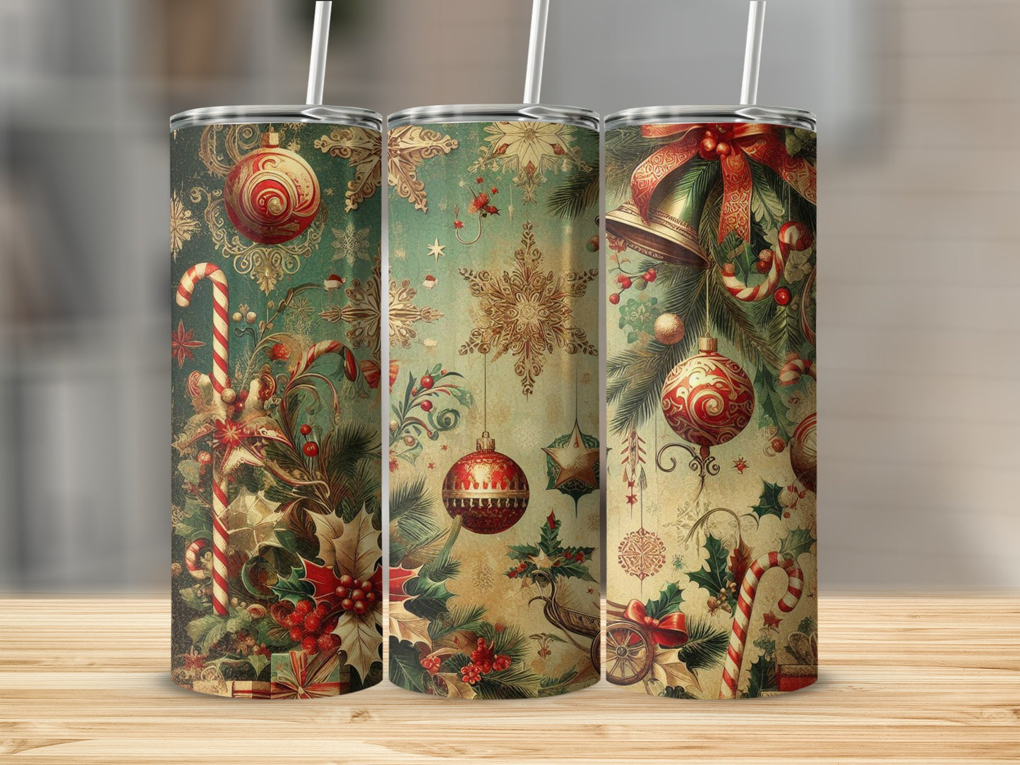 Three Christmas-themed tumblers with candy canes, holly, and ornaments.
