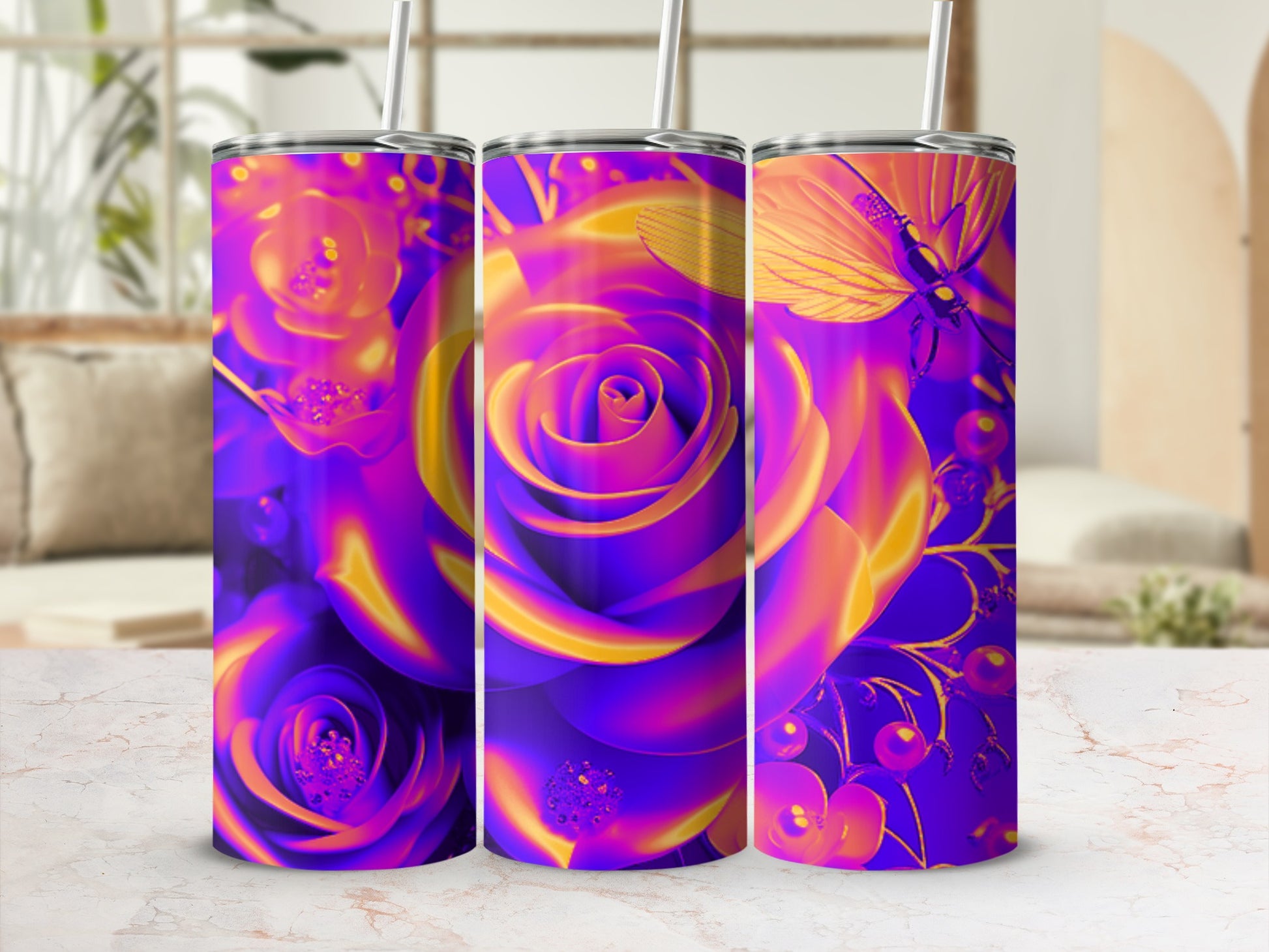Three tumblers with vibrant purple and orange rose floral designs.