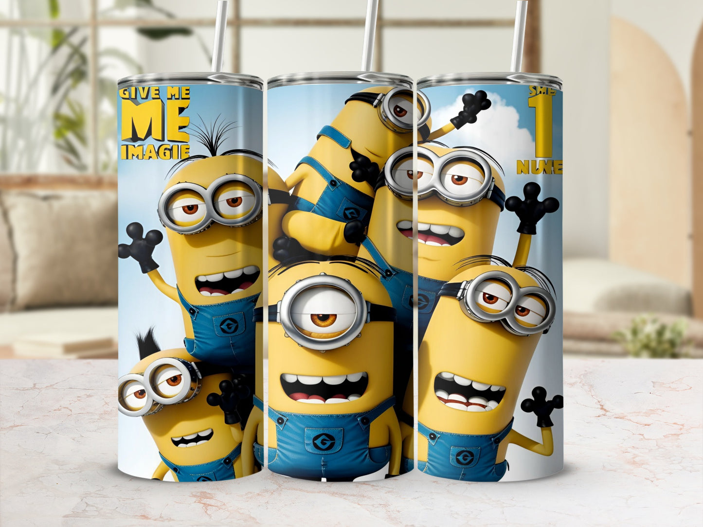Minions from Despicable Me on travel tumblers with straws.