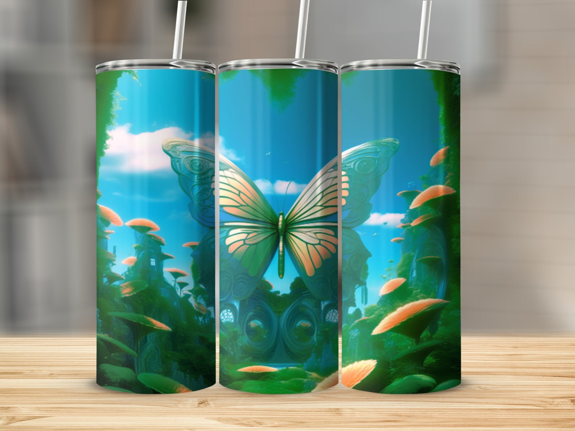Green butterfly with orange accents above fantasy landscape on three tumblers.