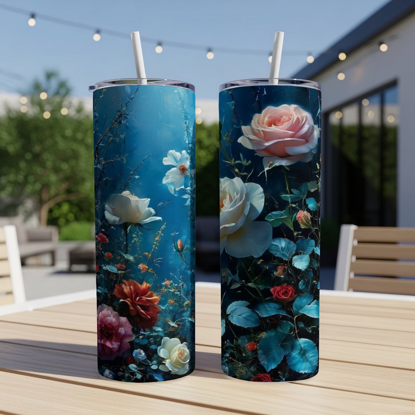 Two tumblers with floral rose and blue background designs.