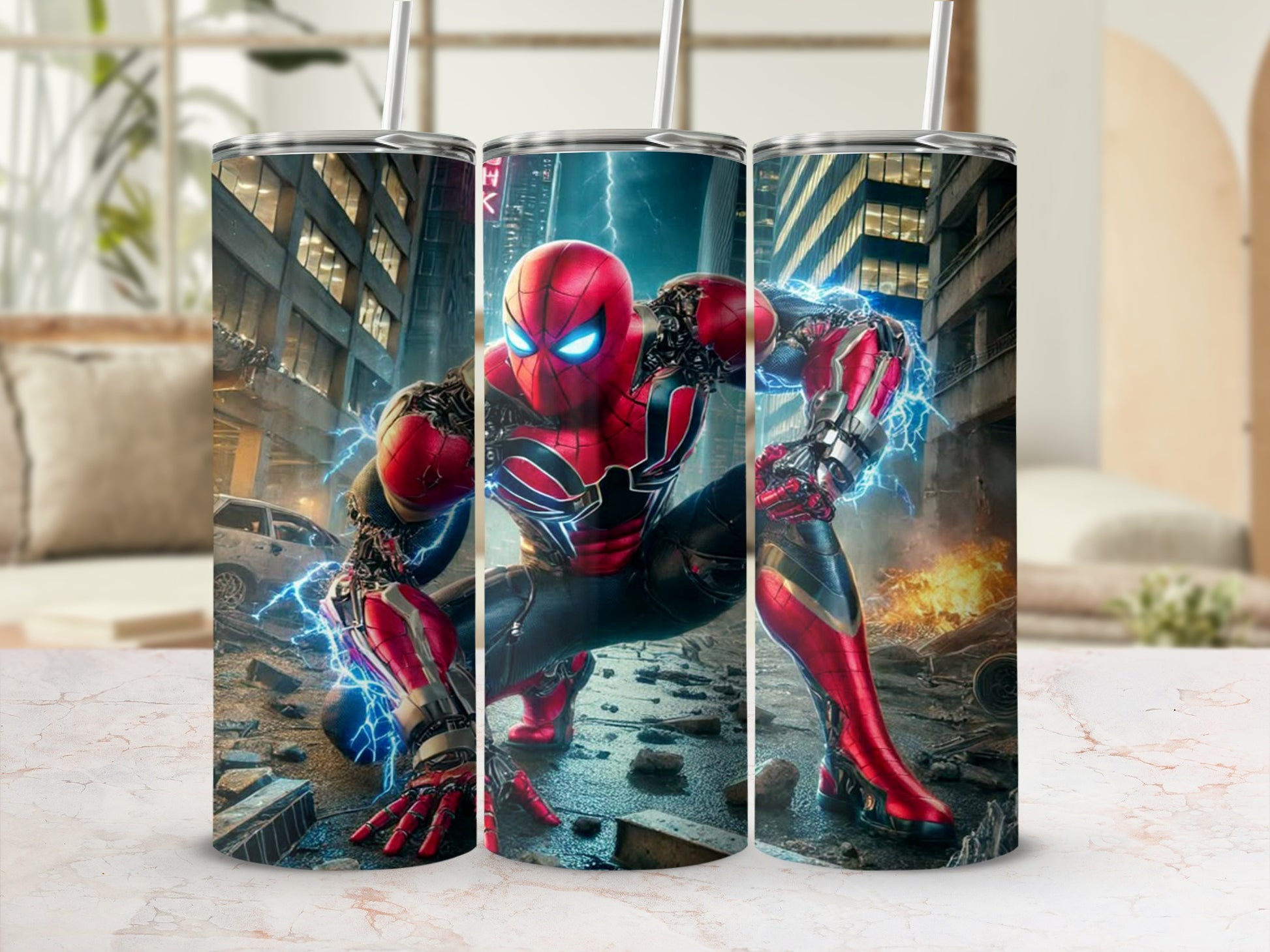 Electrifying Superhero Tumbler with Vibrant City Background