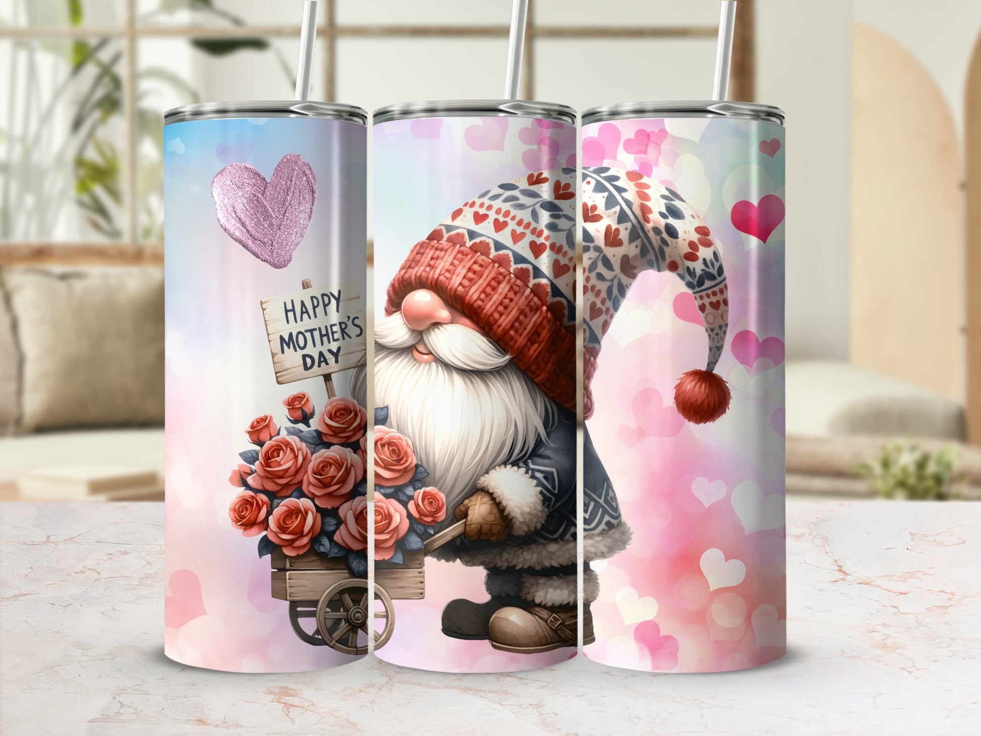 Happy Mother's Day Gnome Tumbler with Rose Flowers