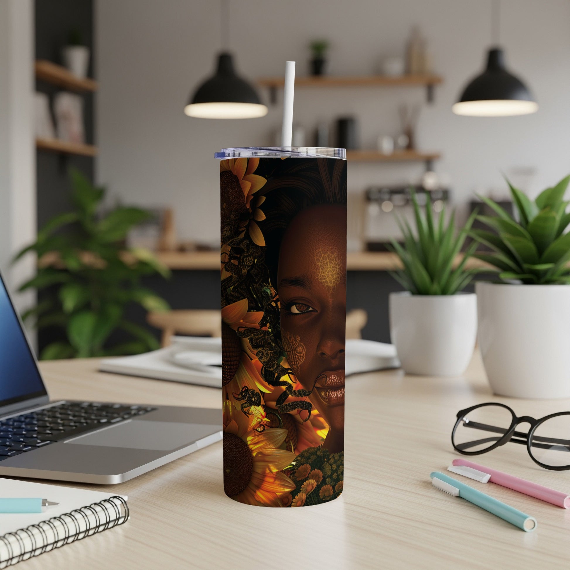 Tumbler with a woman's face and sunflowers, a straw in the lid.