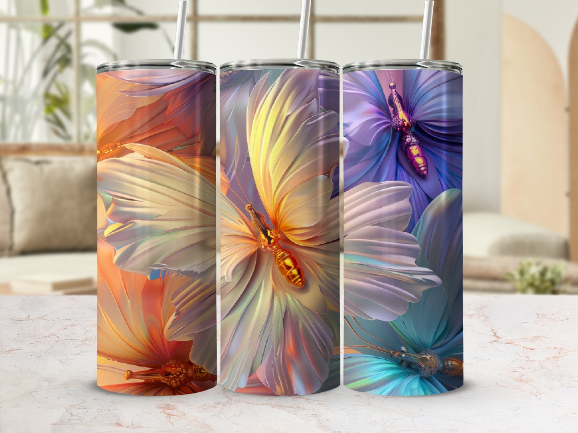 Three tumblers with colorful, realistic butterfly designs.