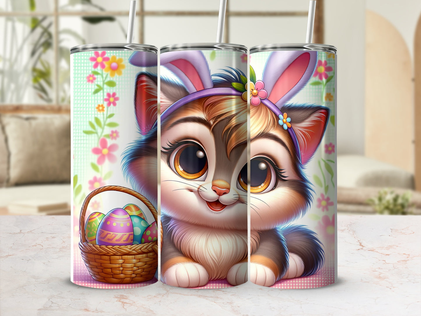 Cute cartoon kitten with bunny ears and Easter basket, set of three tumblers.