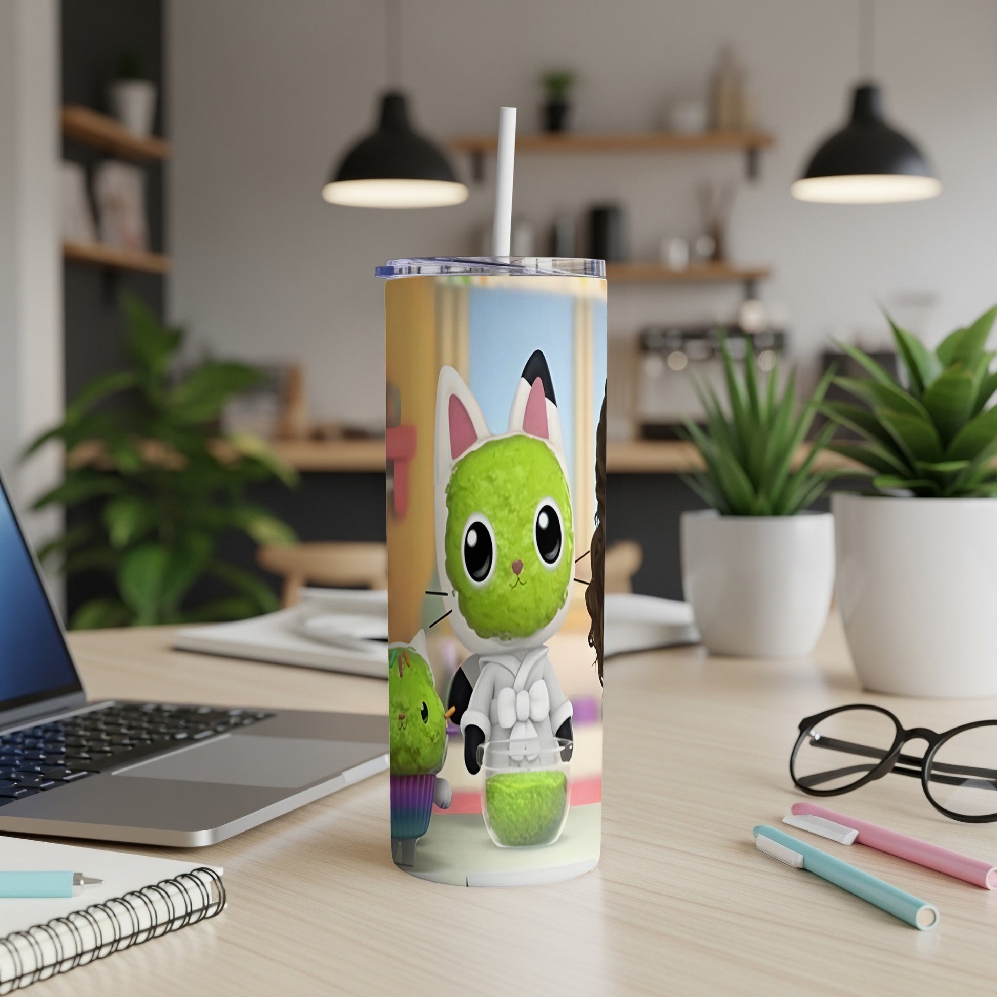 Cartoon cat character with big eyes on a tall tumbler with a straw.