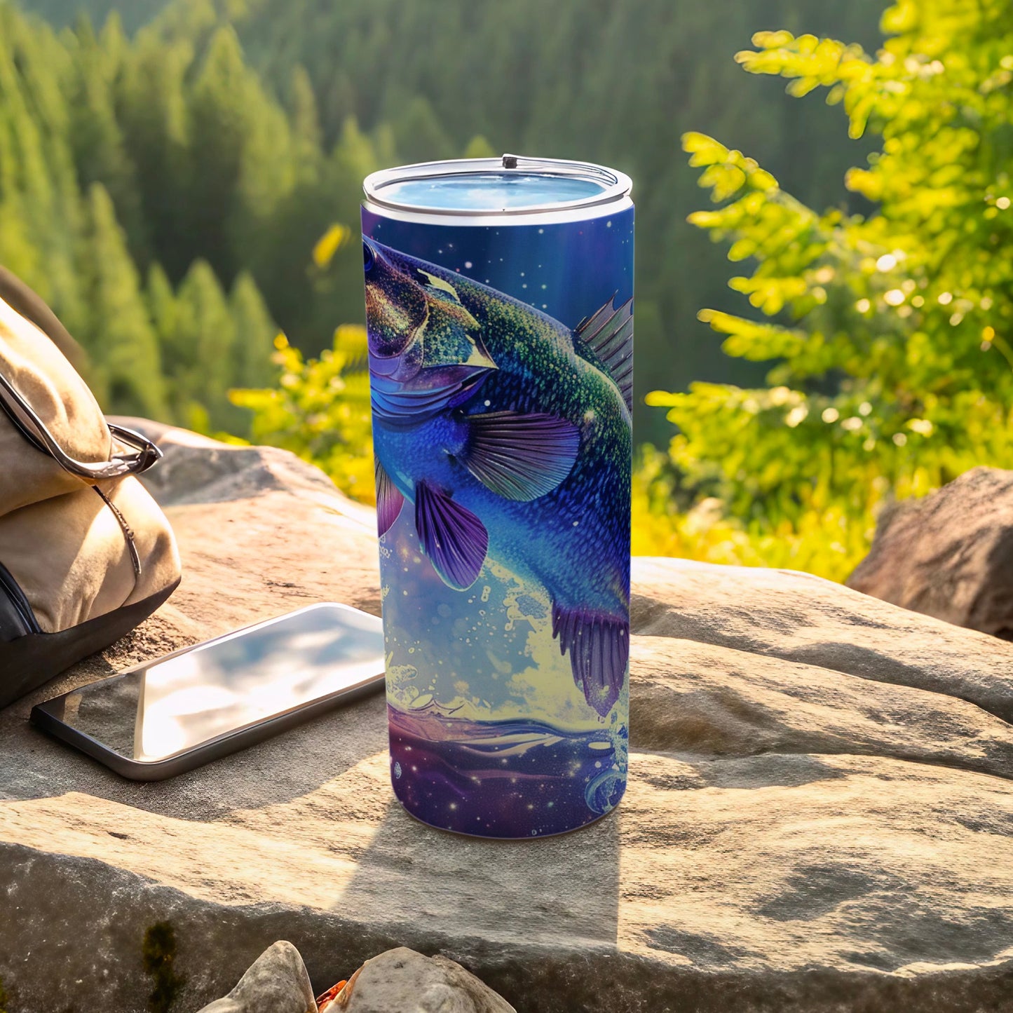 Bass fishing tumbler with galaxy-inspired design and starry night background.