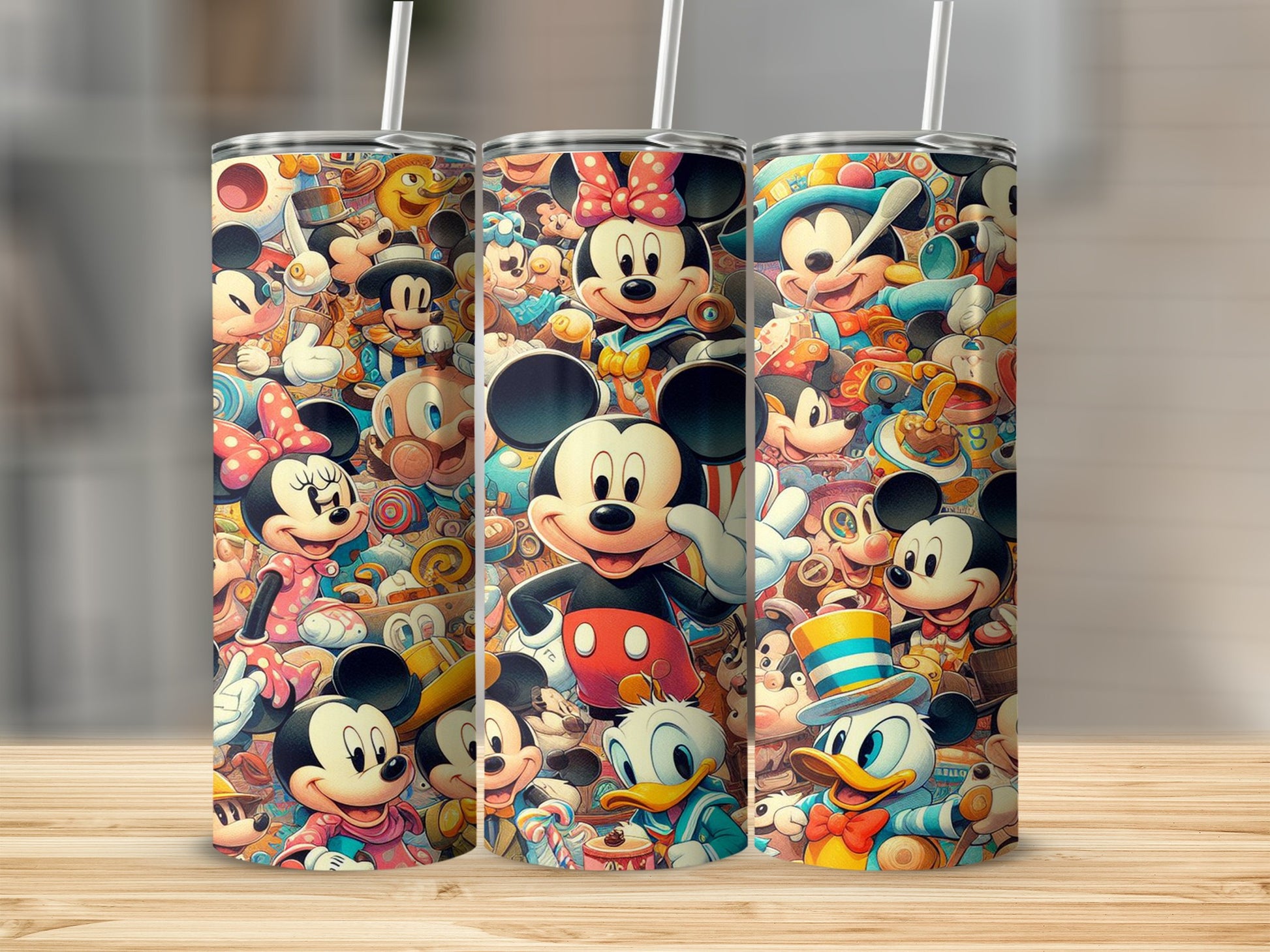 Mickey Mouse and friends collage on a tall, cylindrical tumbler.