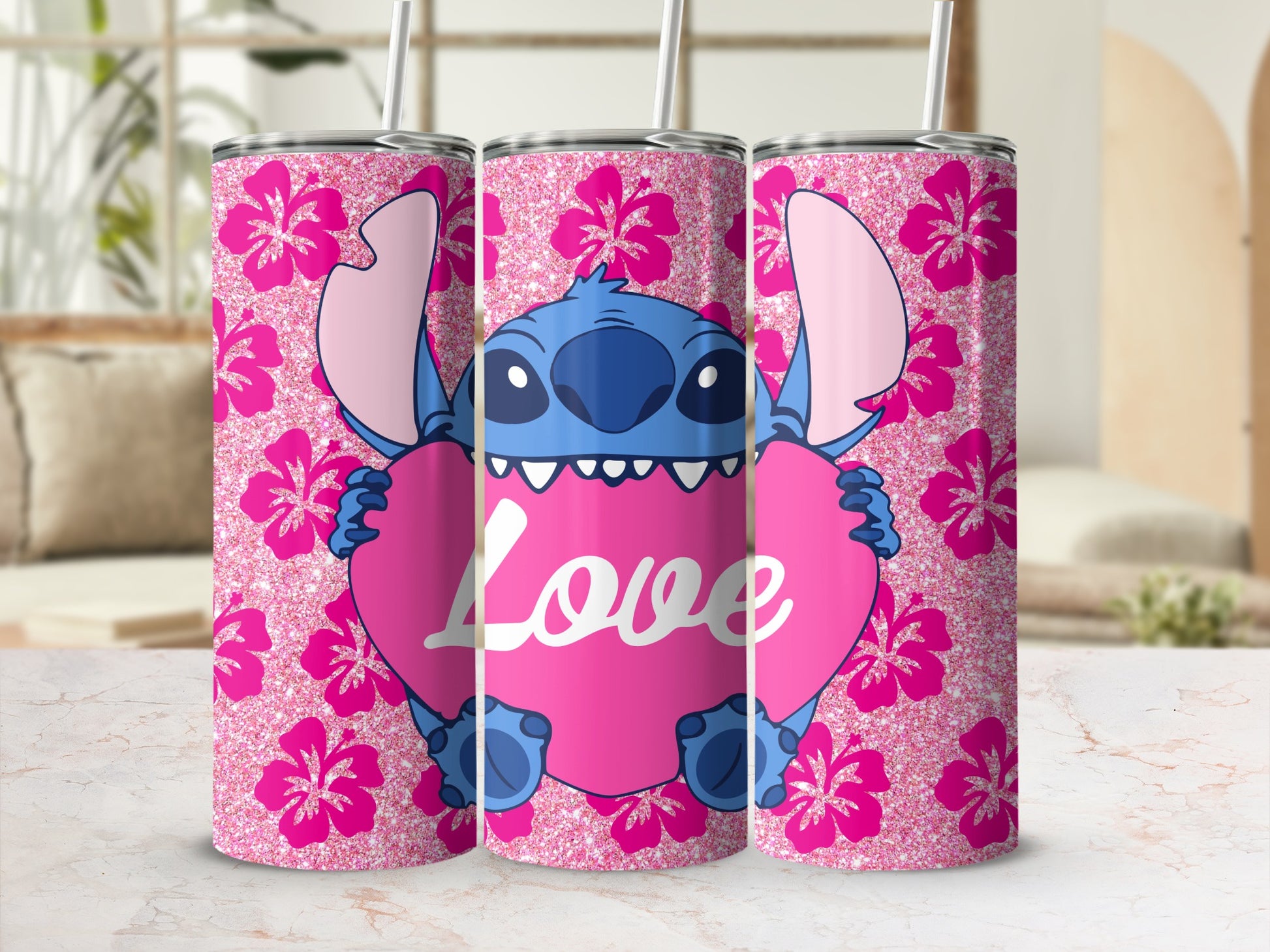 Cute Pink Floral Pattern Tumbler with Love Design Tumbler