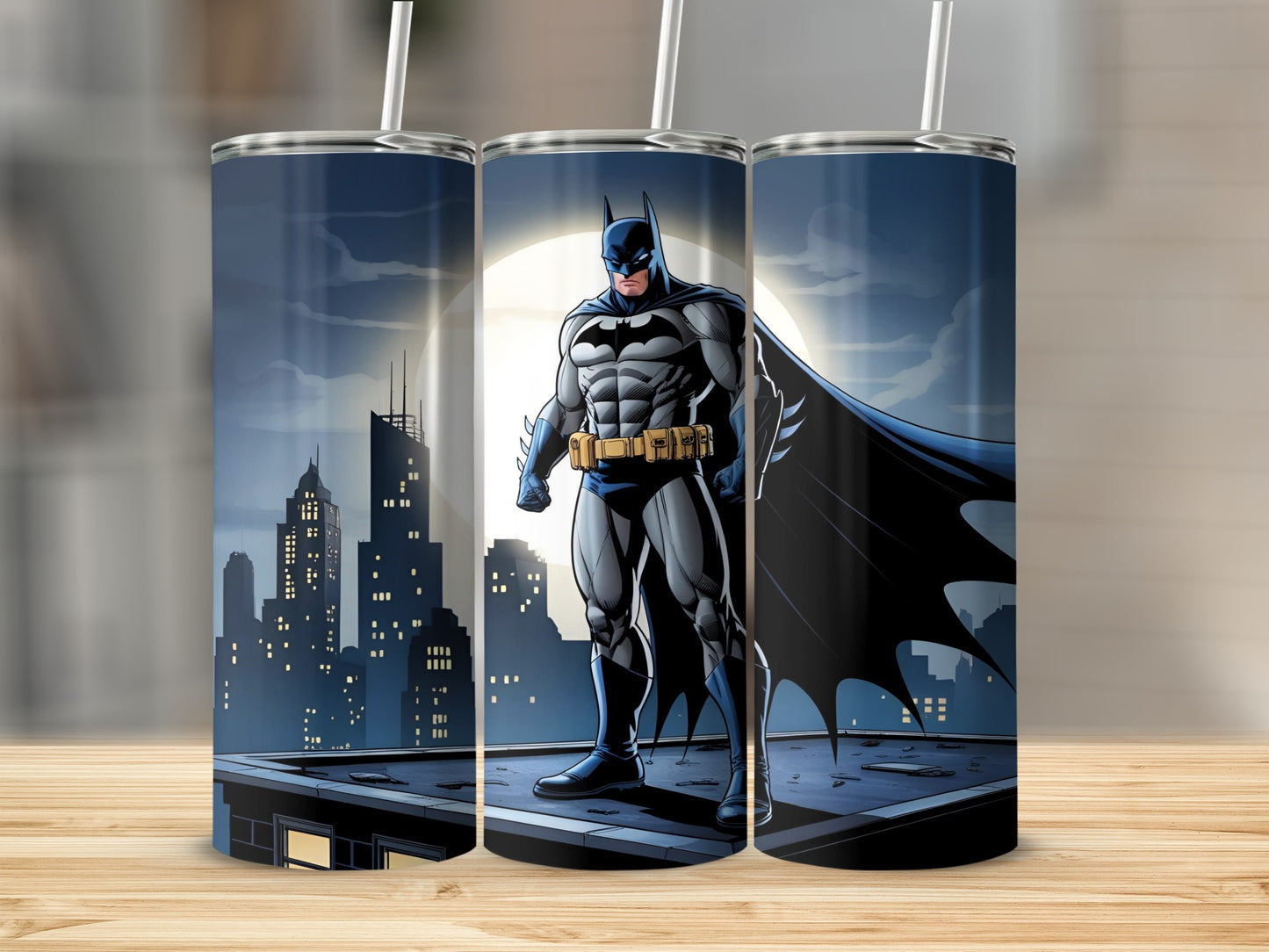 Batman standing on a rooftop with a city skyline behind him.
