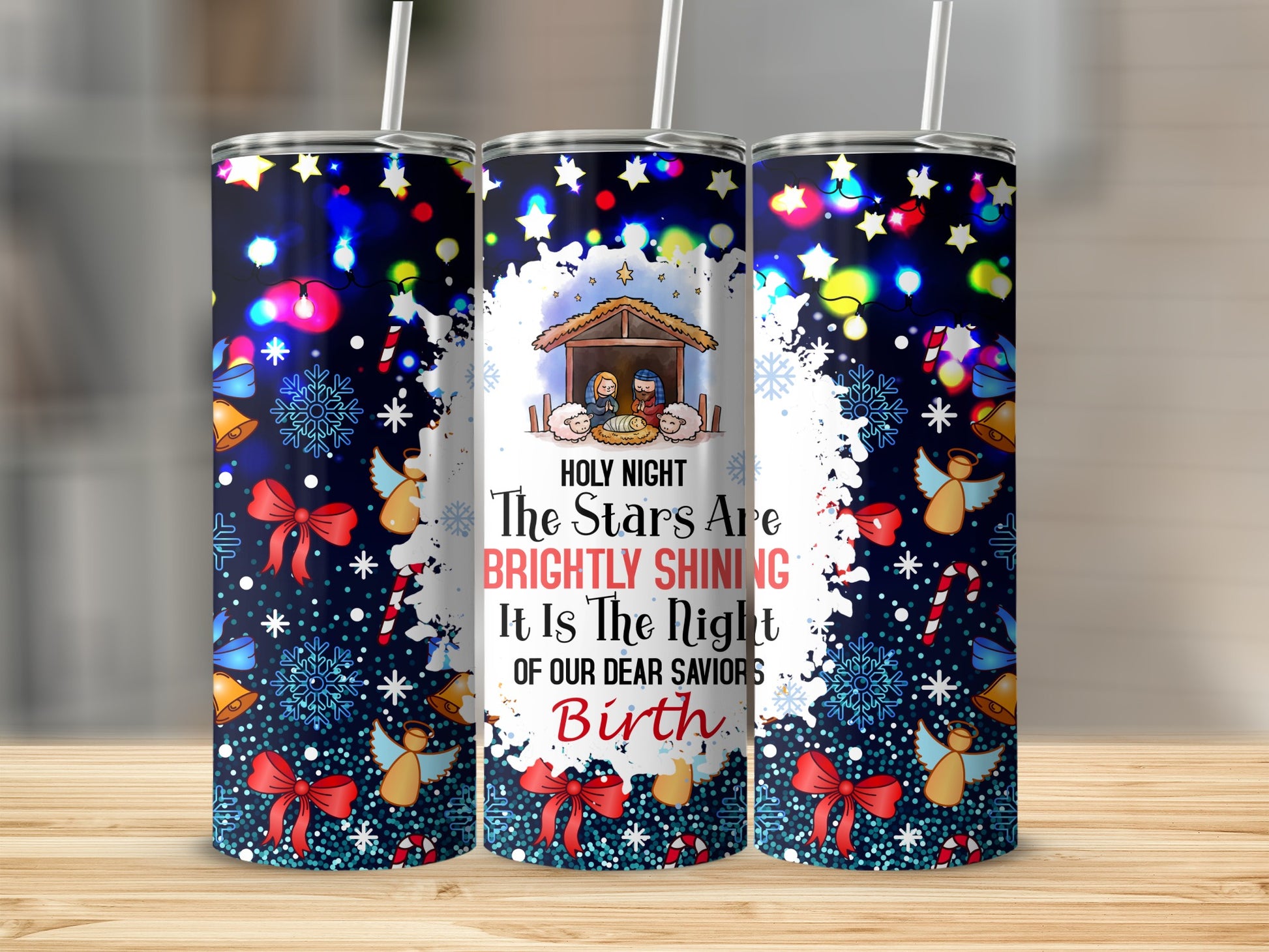 Tumbler with nativity scene and "Holy Night" Christmas text.