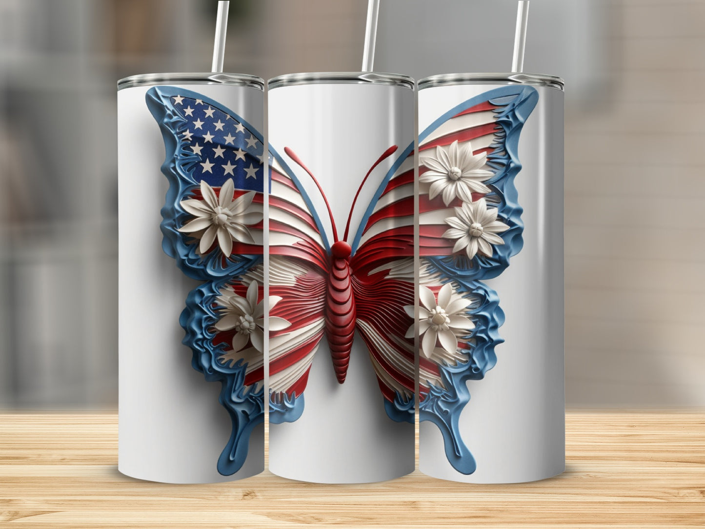 White tumblers featuring a patriotic butterfly design with stars and stripes.