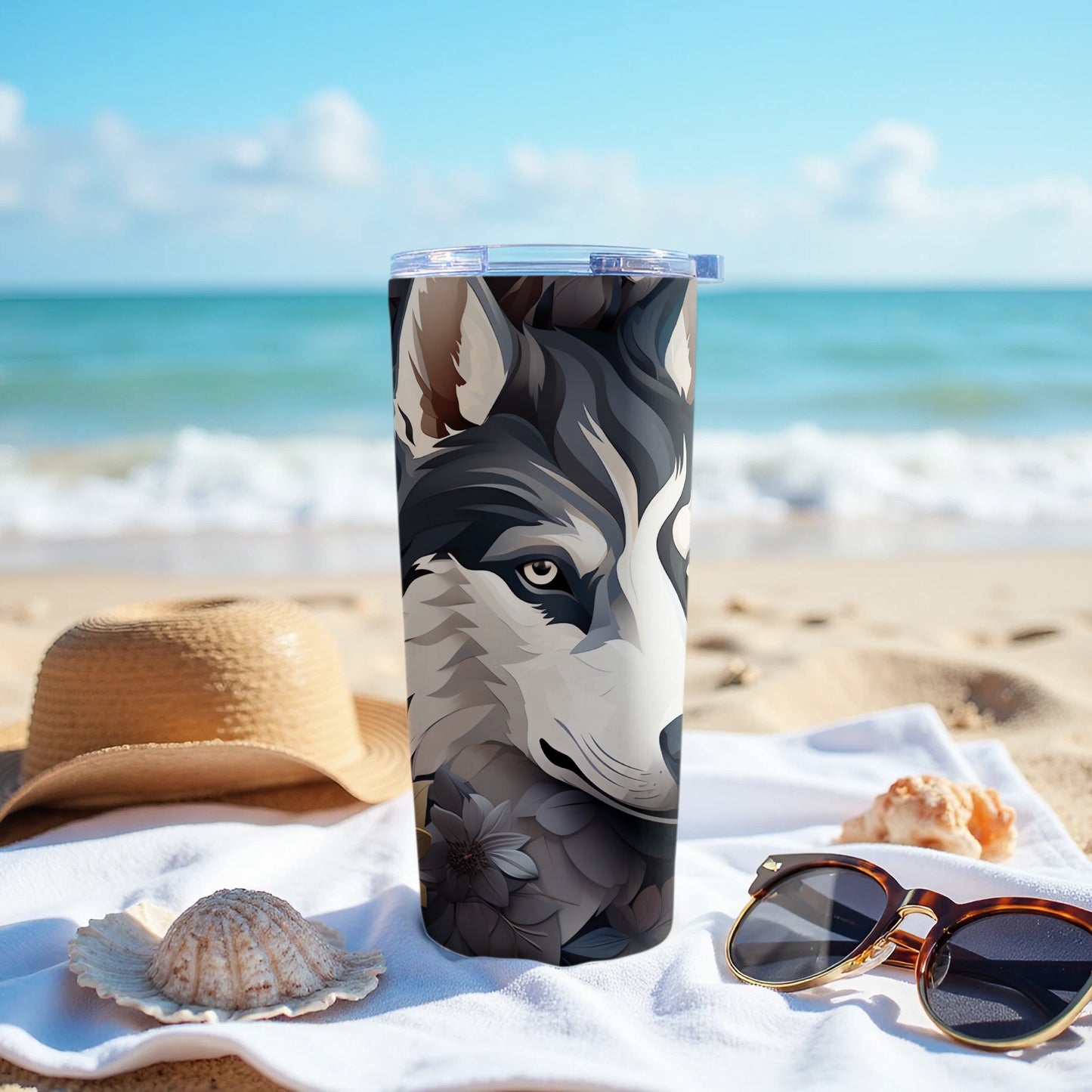 Digital Husky Artwork Tumbler Seaside Vacation product type
Husky, Dog Tumbler, Animal Print, Insulated Mug, Drink Container, Wolf Art, Canine Design, Beach Theme, Ocean Scene, Summer Drinkware, Travel Cup, Pet Lover Gift, Wildlife Graphic, Digital Artwork, Nature Aesthetic, Vacation Gear, Beverage Holder, Outdoor Use, Unique Tumbler, Floral Detail