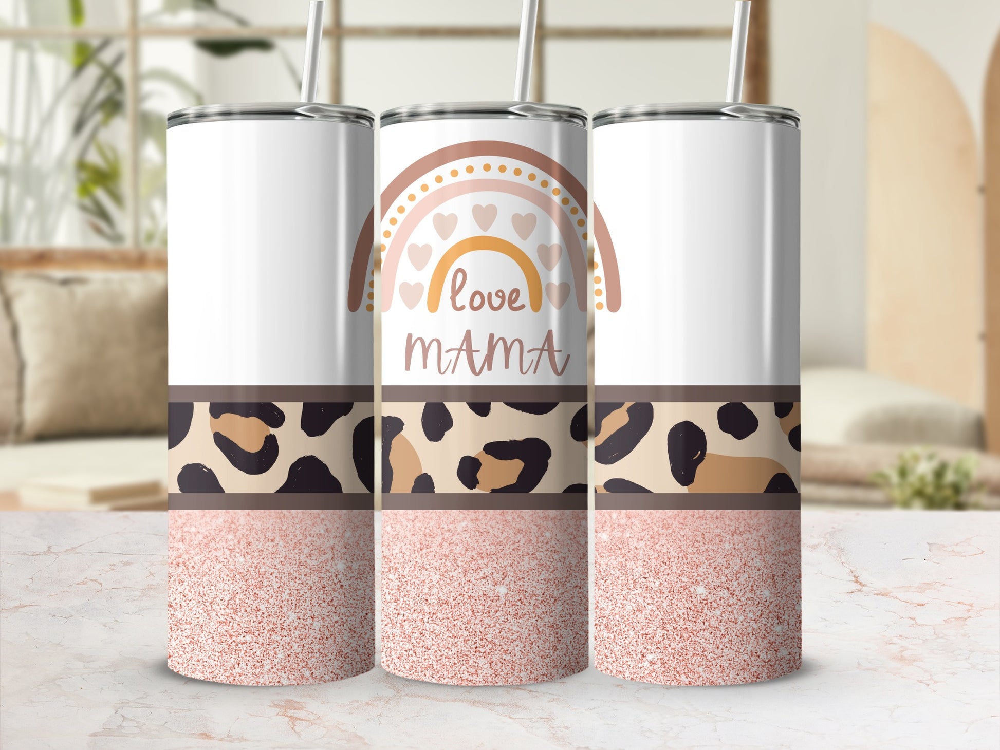 Cute Love Mama Rainbow and Leopard Print Tumbler Cup