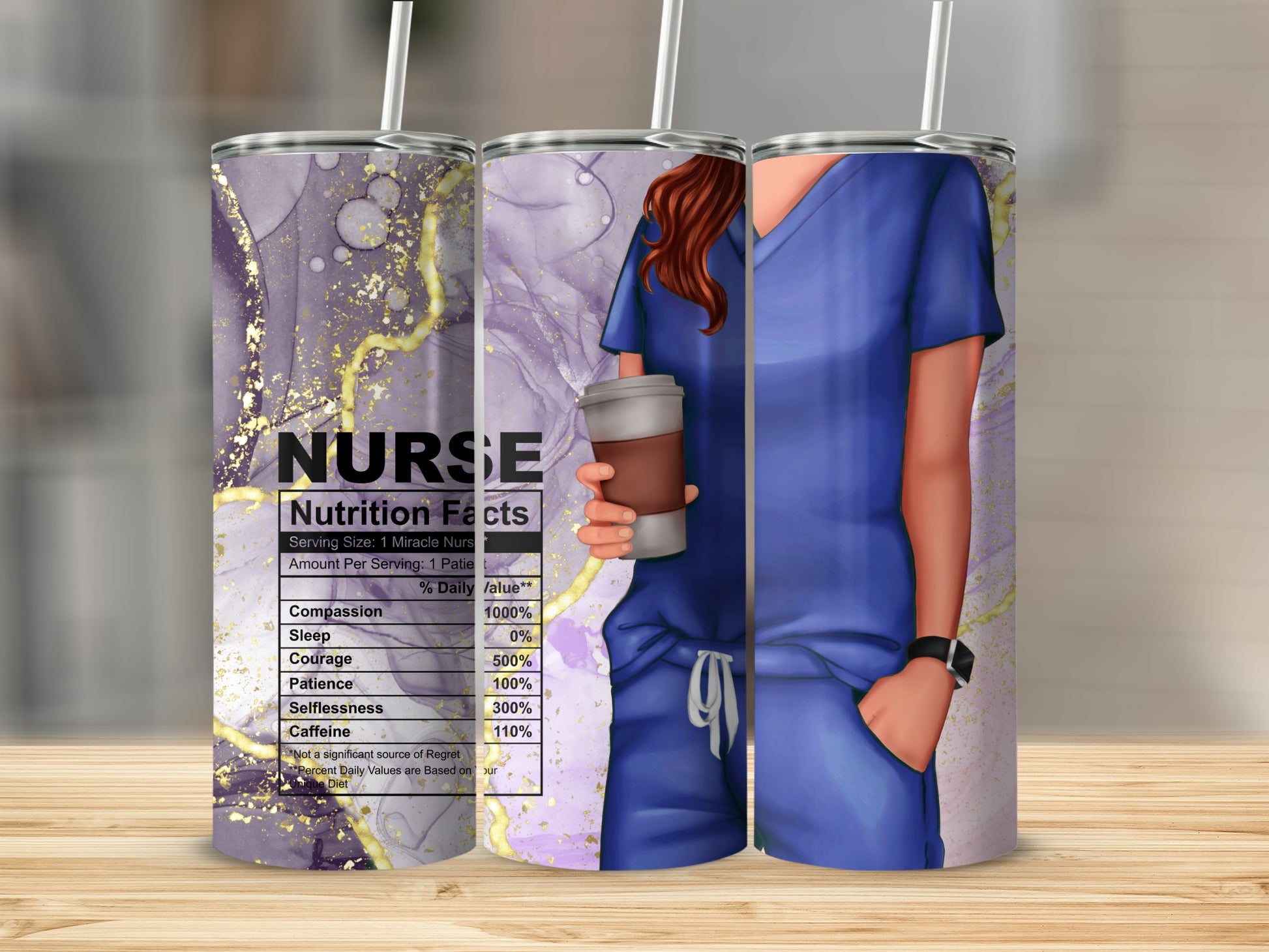 Tumbler with nurse nutrition facts design featuring compassion, courage, and sleep.