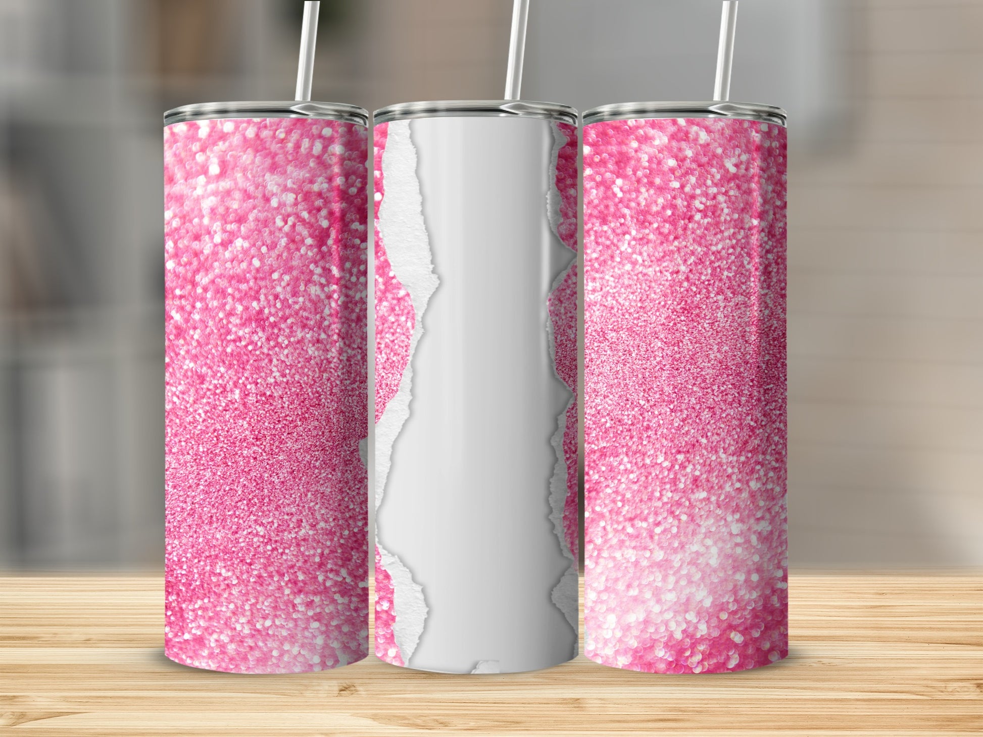 Pink glitter tumbler with a white torn paper effect and straw.