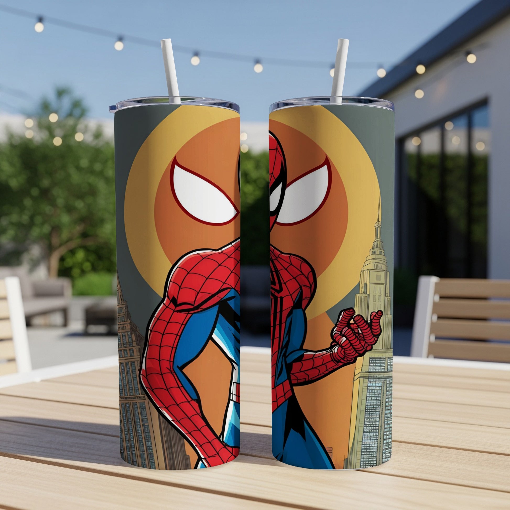 Spider-Man standing in front of a city skyline on two separate tumblers.