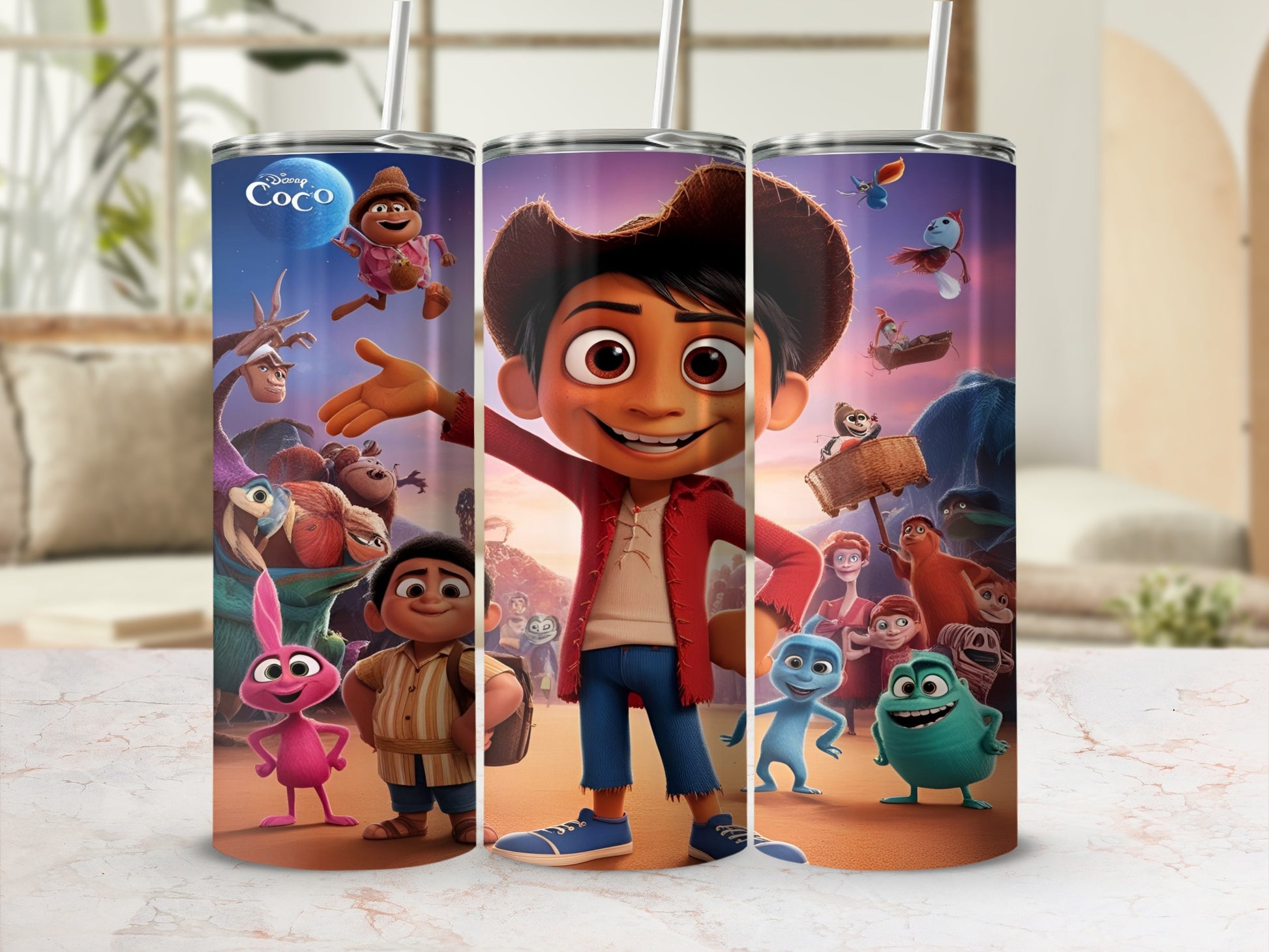 Disney Coco characters Miguel, Hector, and Mama Coco in a tumbler wrap design.