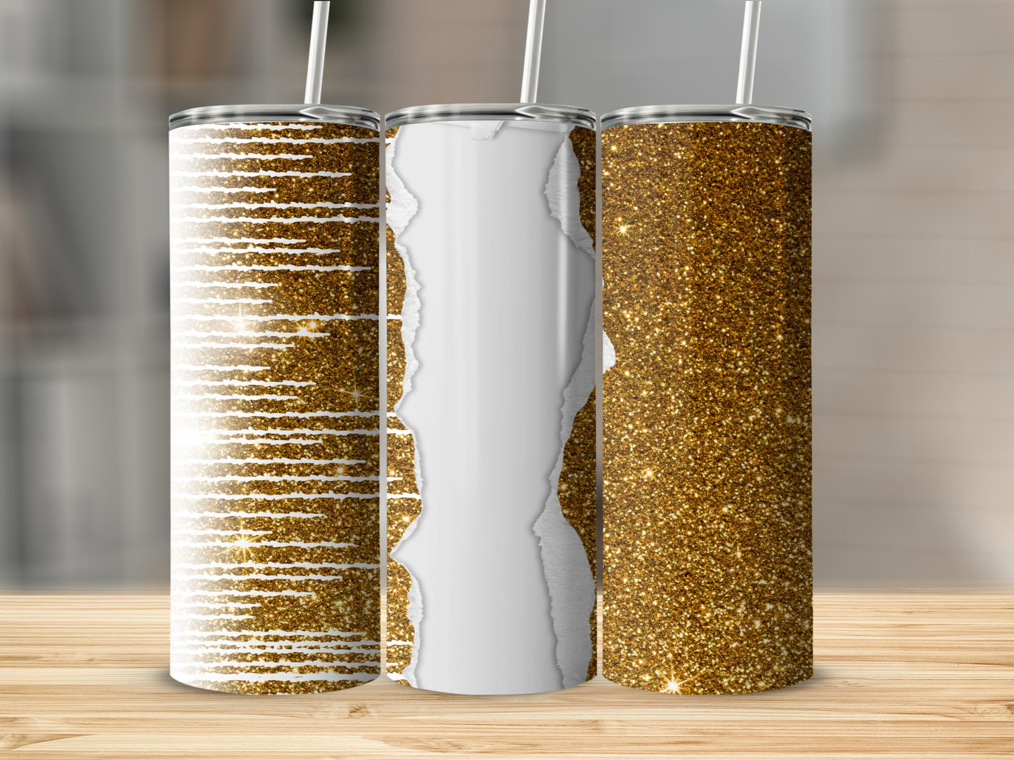 Three glitter tumblers with unique designs on a wooden surface.