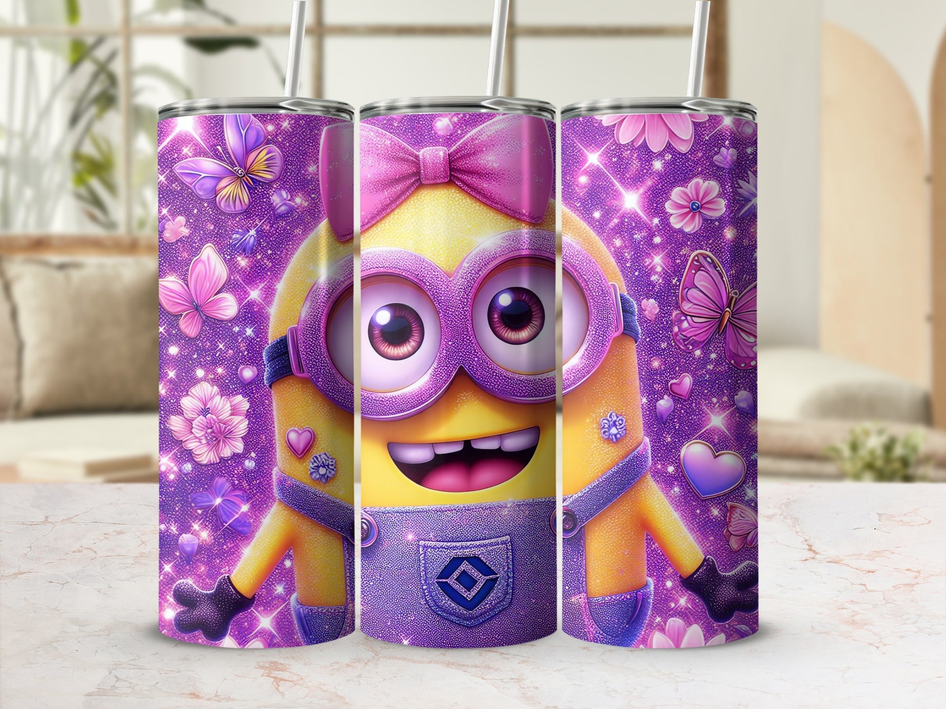 Adorable Cartoon Character Purple Glitter Tumbler