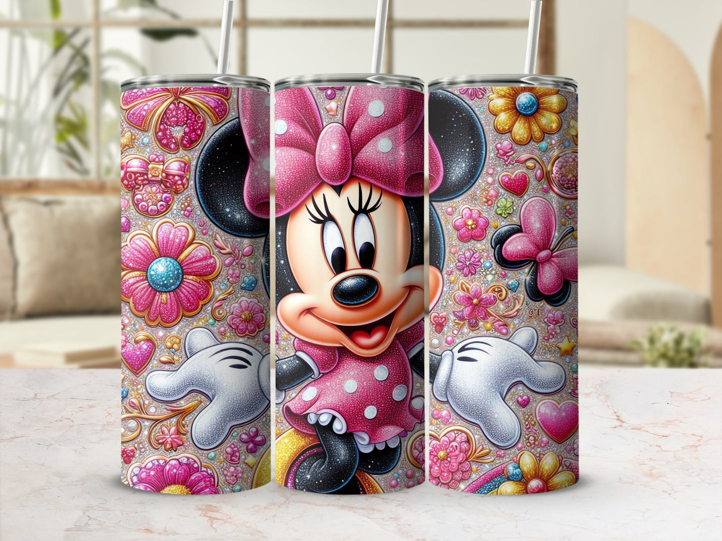 Minnie Mouse Colorful Floral Glitter Tumbler