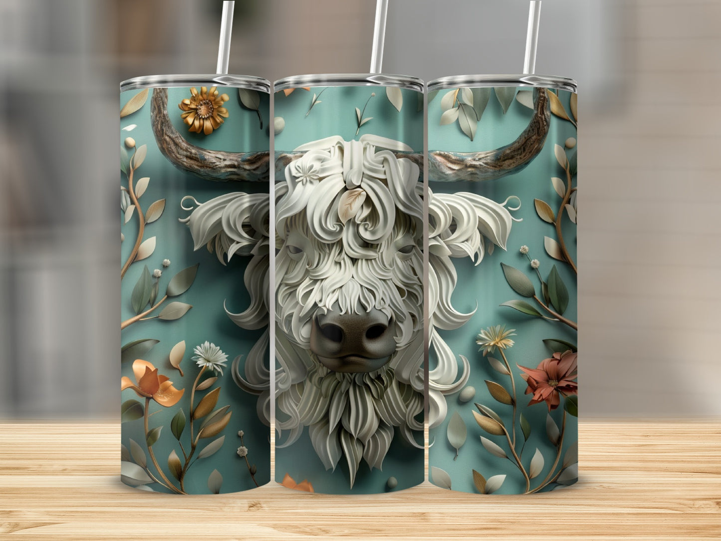 Three tumblers featuring a detailed white Highland cow head with floral accents.