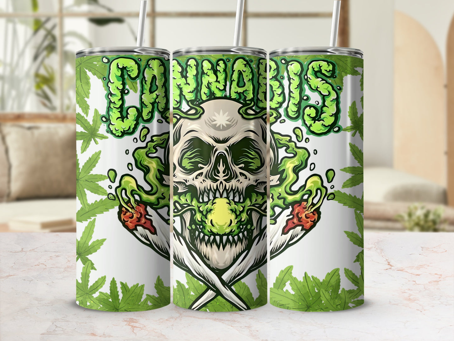 Cannabis Skull and Smoke Leaf Design Tumbler Cup