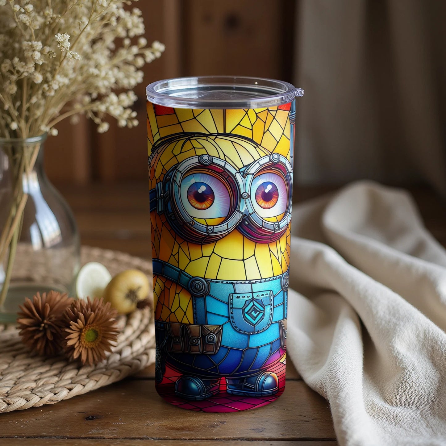 Colorful Minion Themed Tumbler with Stained Glass Design