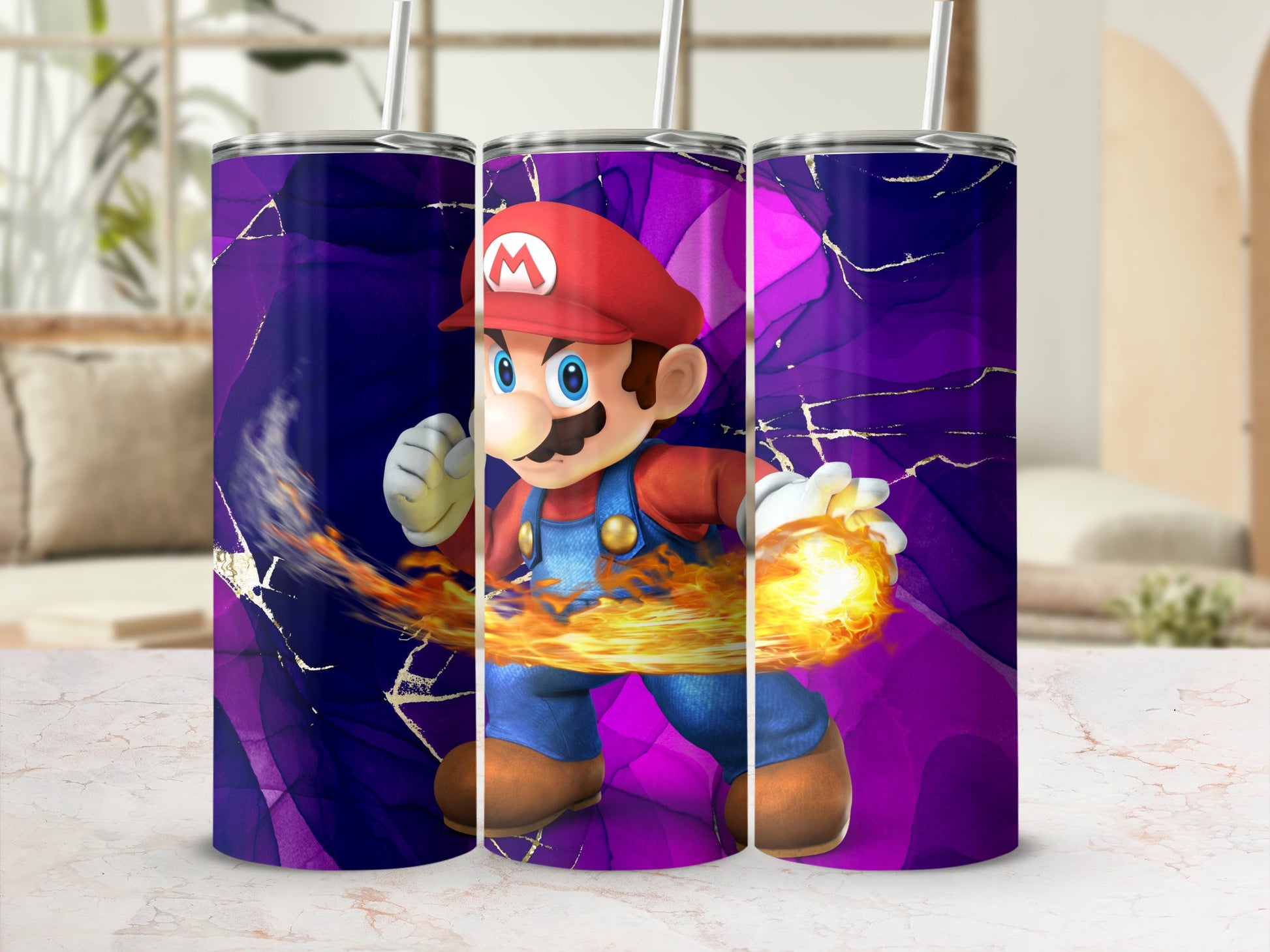 Super Mario Themed Purple Tumbler with Straws