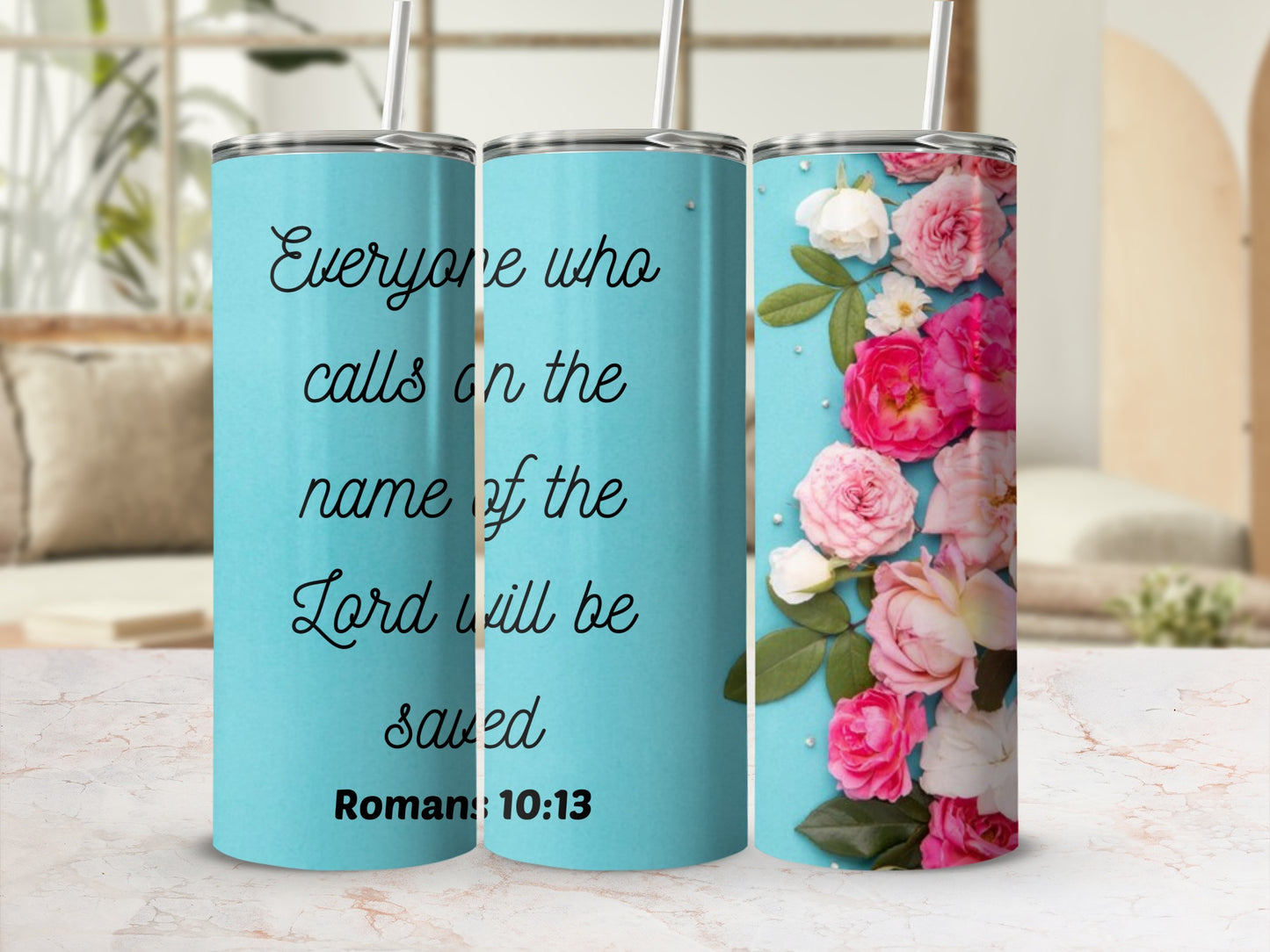 Inspirational Romans 10:13 Quote Floral Tumbler